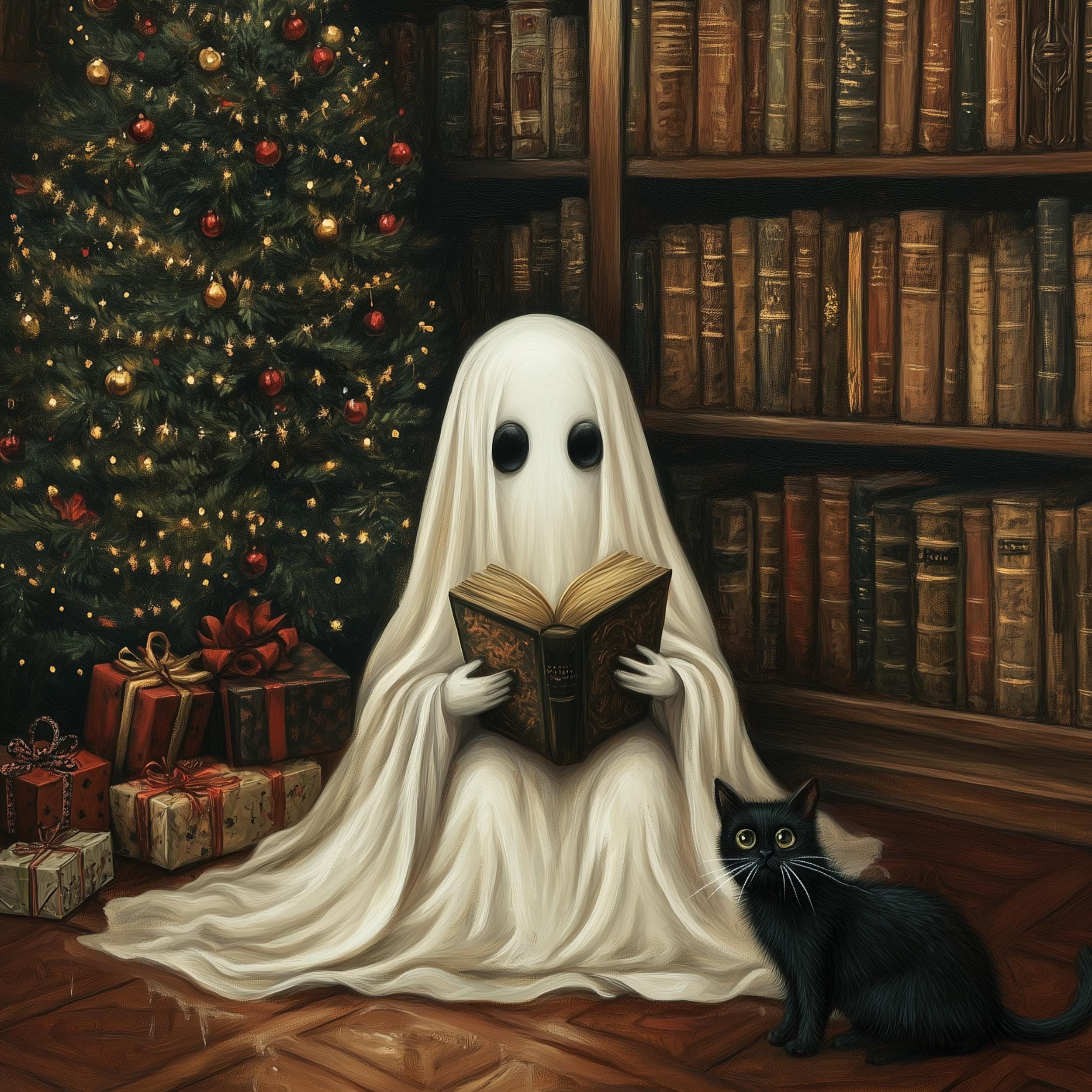 Ghost and Black Cat Wall Art, Spooky Christmas Decor, Whimsical Holiday Wall Art, Halloween and Christmas Art, Digital Download, Ghost Art - view 2