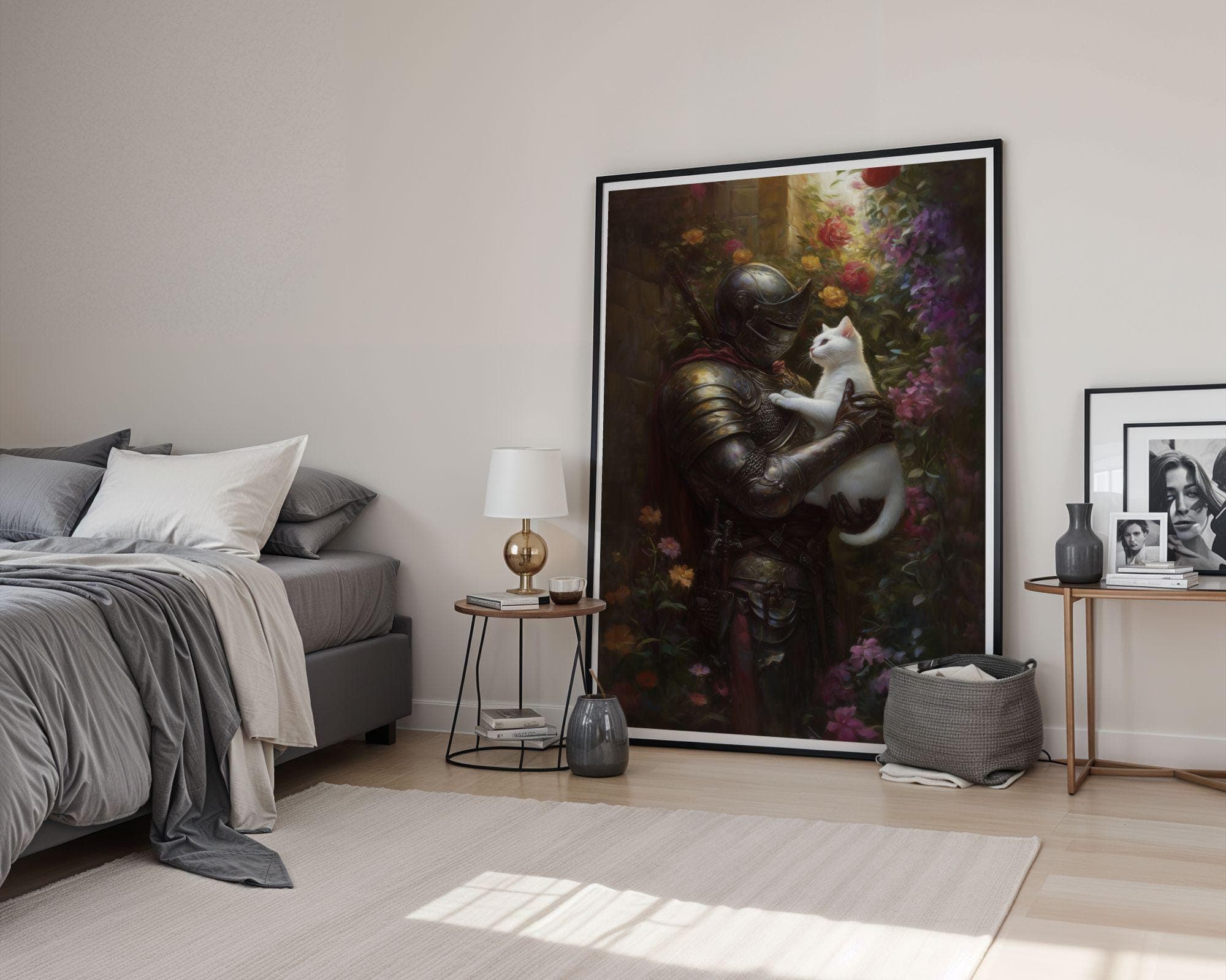 Medieval Knight and White Cat Painting, Medieval Fantasy Painting, Fantasy Art, Whimsical Cat Decor, Digital, Maximalist, Floral Art Decor - view 6