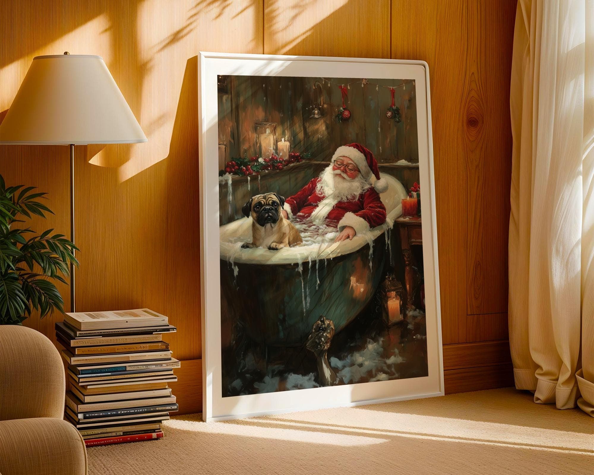 Santa Relaxing in Bathtub with Pug Christmas Art Print, Funny Santa Poster for Bathroom Wall, Maximalist Christmas Home Decor, Santa Pug Art - view 5