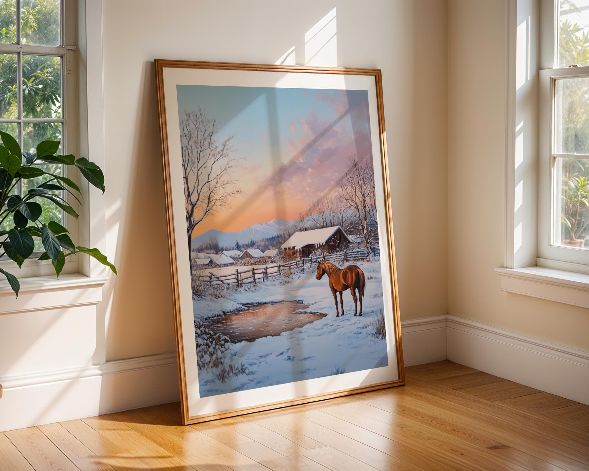 Winter Horse Wall Art, Snowy Farmhouse Landscape Print, Rustic Farm Winter Art, Horse Barn Landscape Painting, Digital Download, Horse Art - view 2