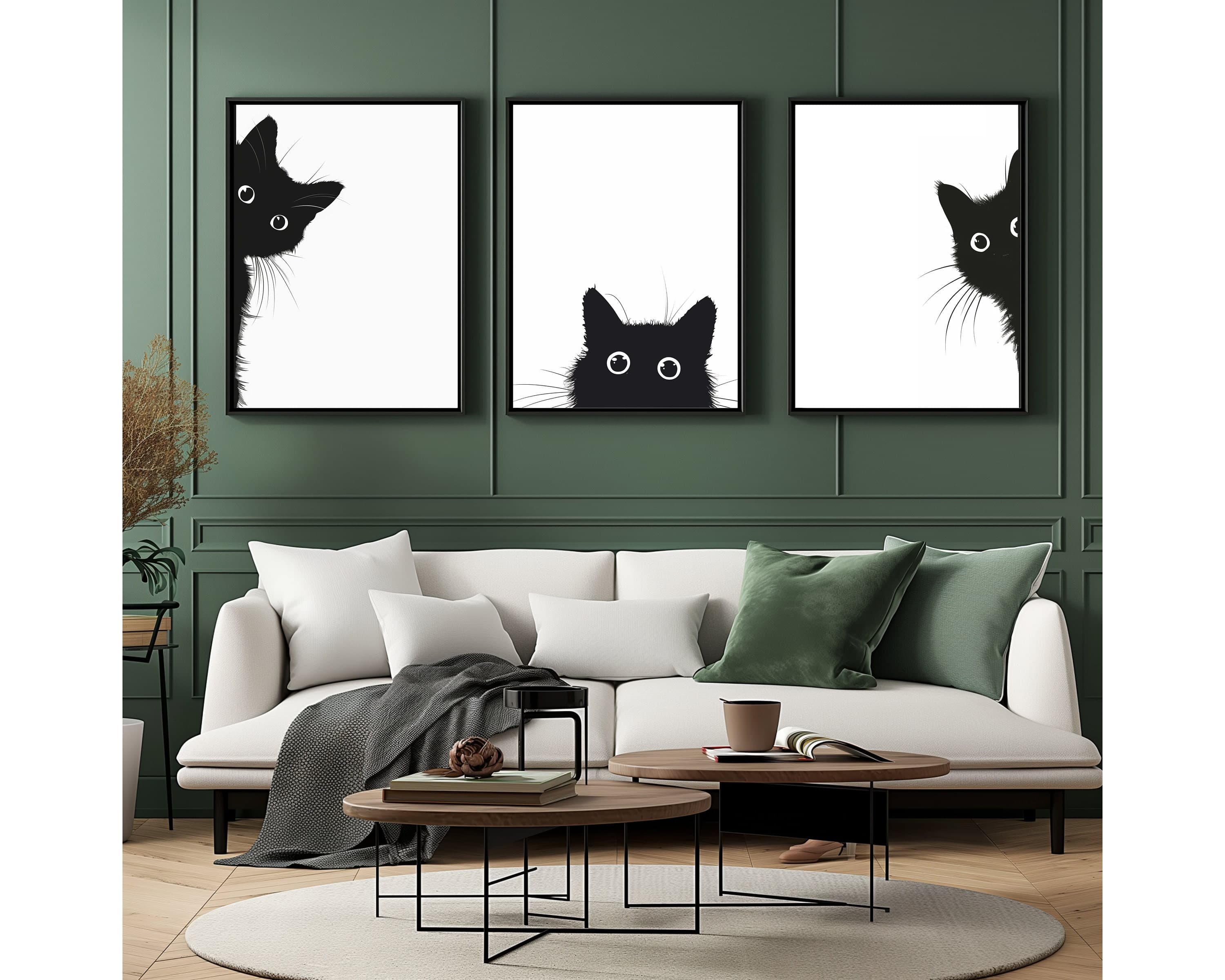Set of 3 Peeking Black Cat Print Wall Art Poster, Black and White Cat Wall Art, Quirky Cat Decor, Black Cat Art, Set of 3, Quiry Cat Print - view 3