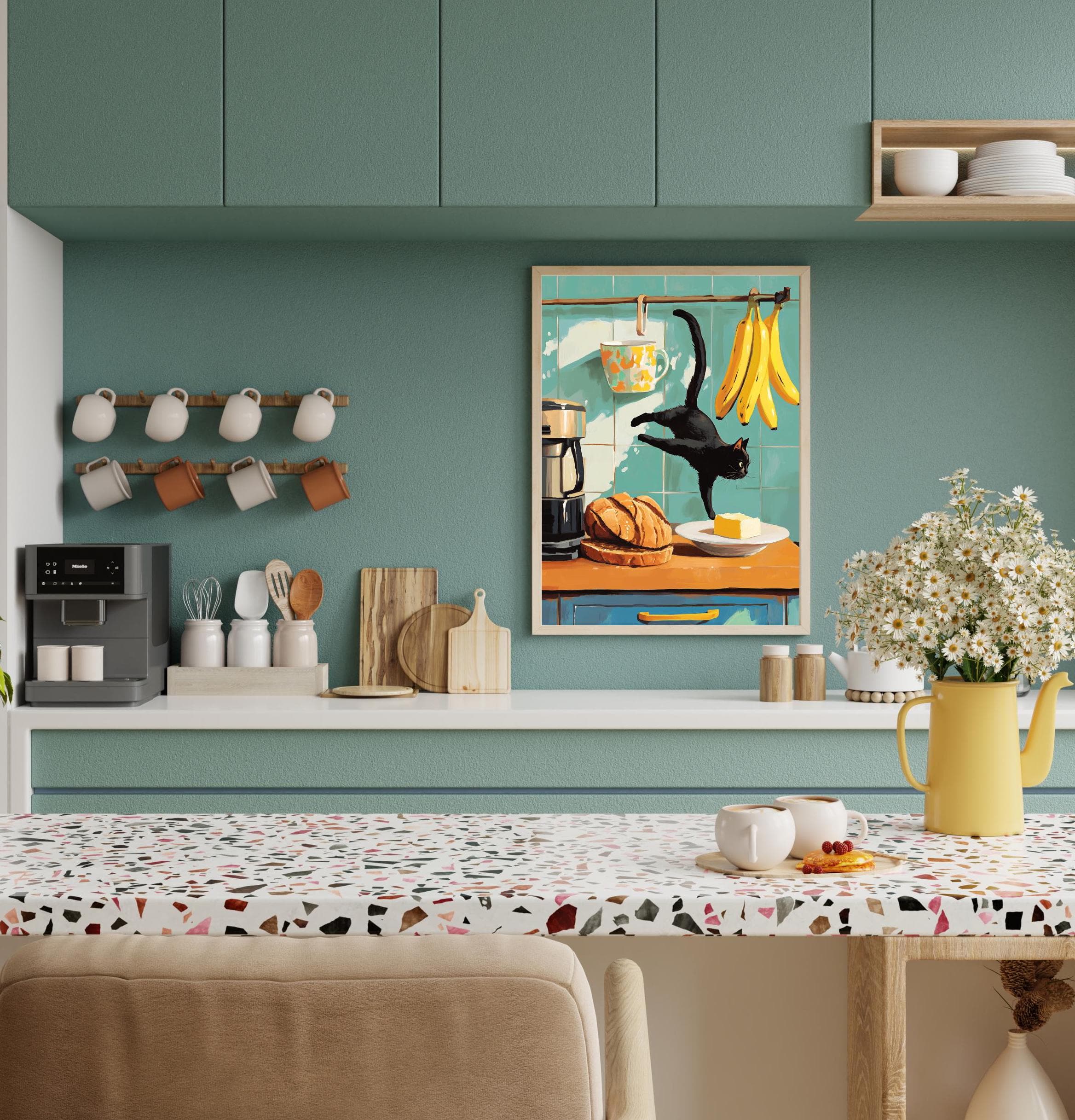 Colorful Kitchen Wall Print, Whimsical Cat Art Print, Colorful Kitchen Decor, Vintage Black Cat Kitchen Decor, Retro Kitchen Wall Art - view 6