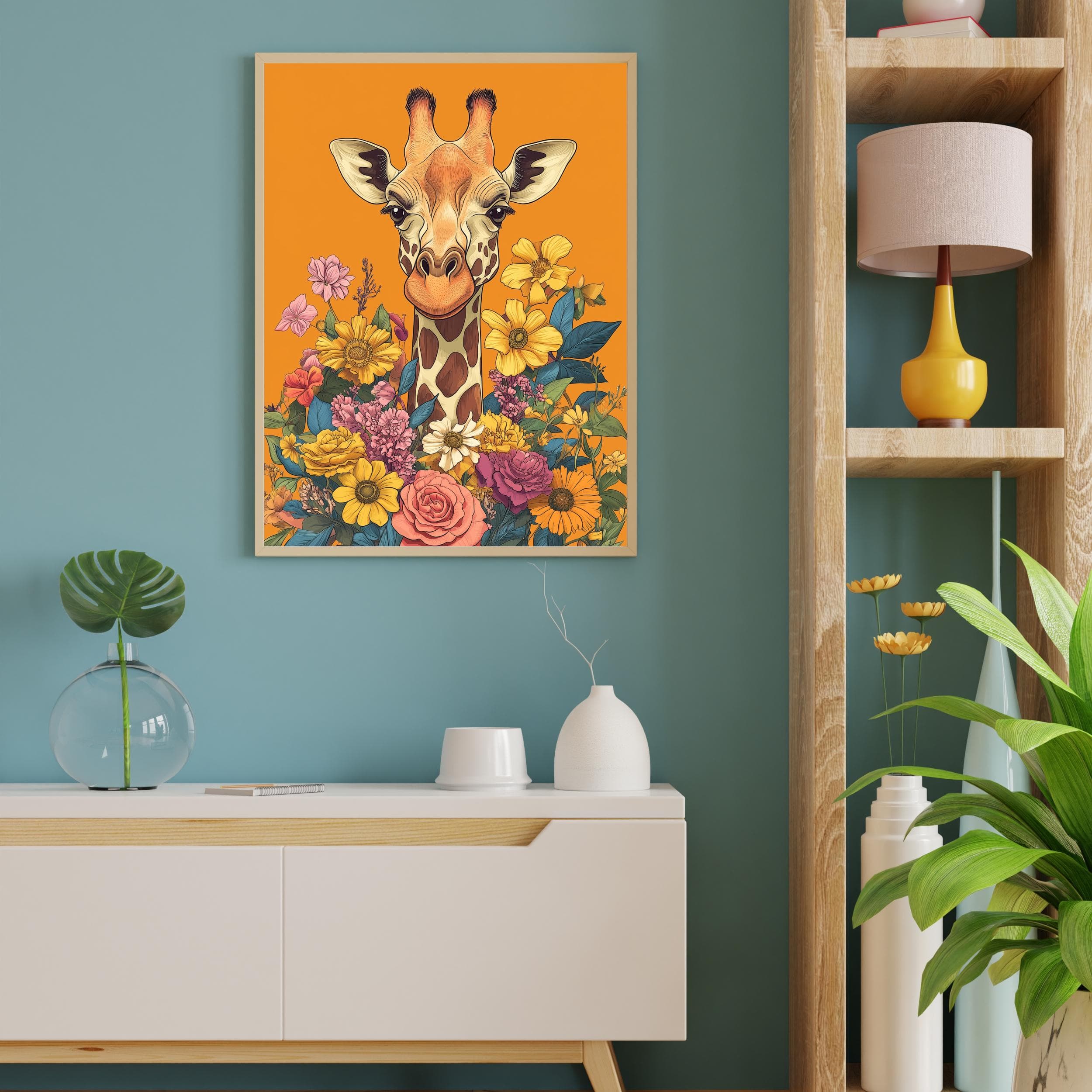Printable Giraffe Wall Art, Eclectic Giraffe Art Print, Maximalist Home Decor, Giraffe Art, Botanical Giraffe Paint, Orange Giraffe Wall Art - view 7