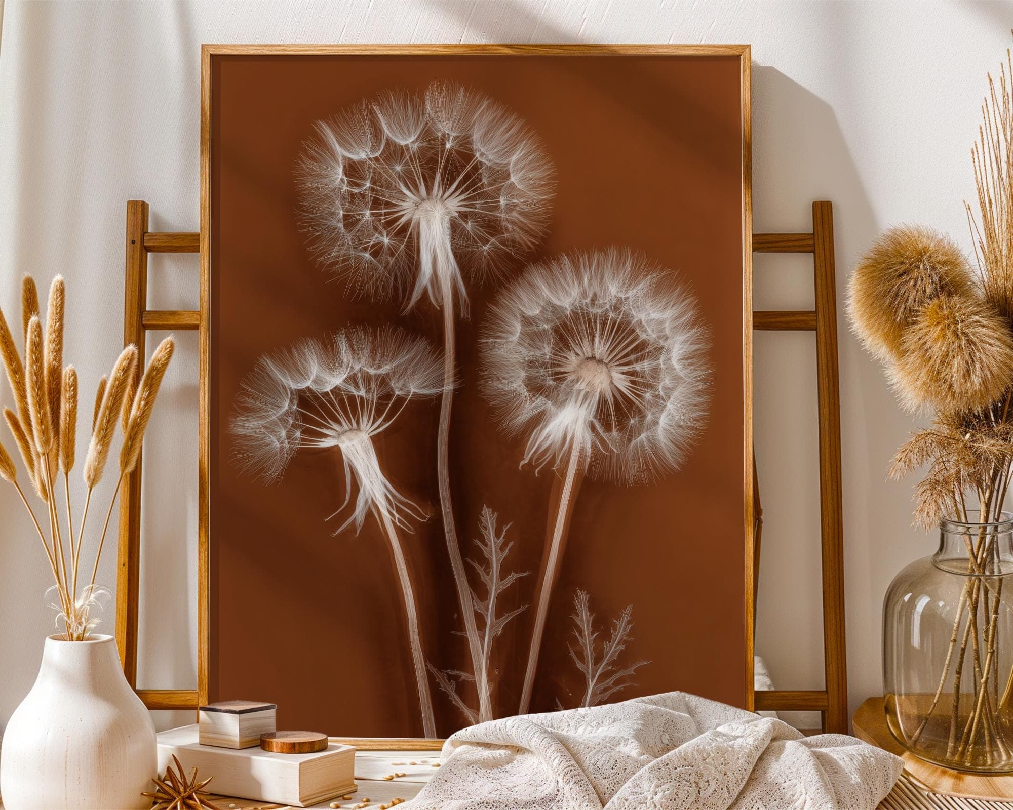 X Ray Dandelion Wall Art Botanical Radiograph Poster in Sepia Brown Modern Minimal Decor, Botanical Print on Rust Background, Nature Print - view 4