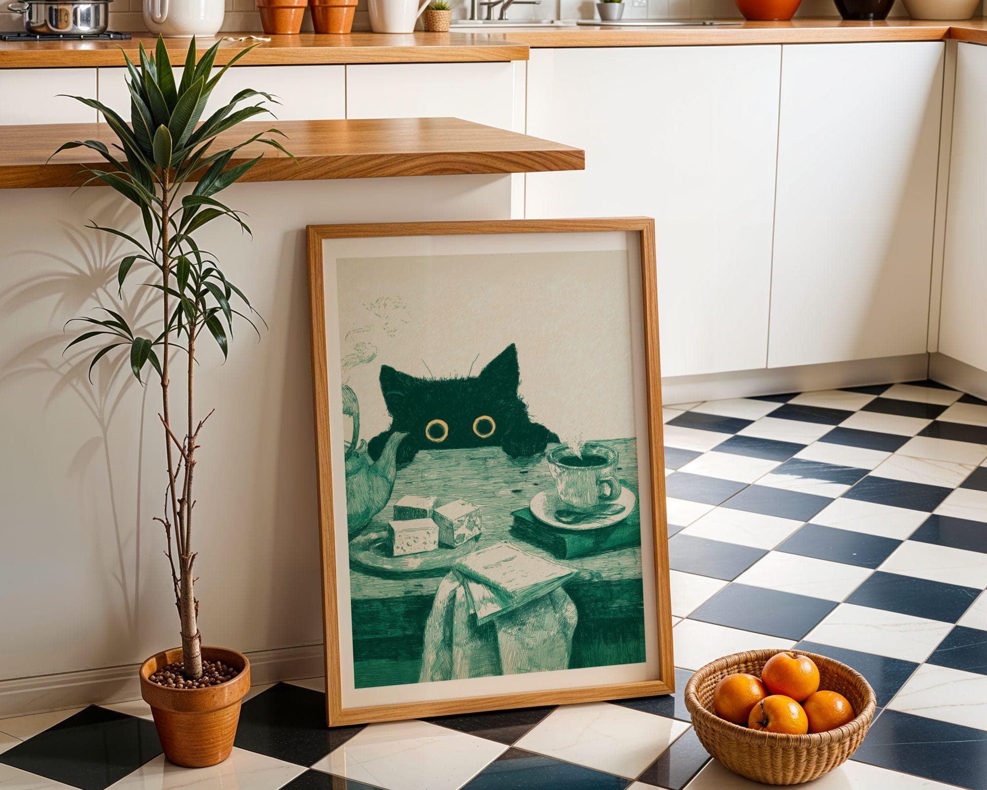 Funny Cat Kitchen Poster, Whimsical Black Cat Poster, Curious Cat Wall Art, Quirky Cat Decor, Vintage Cat Art Print, Emareld Green Wall Art - view 3