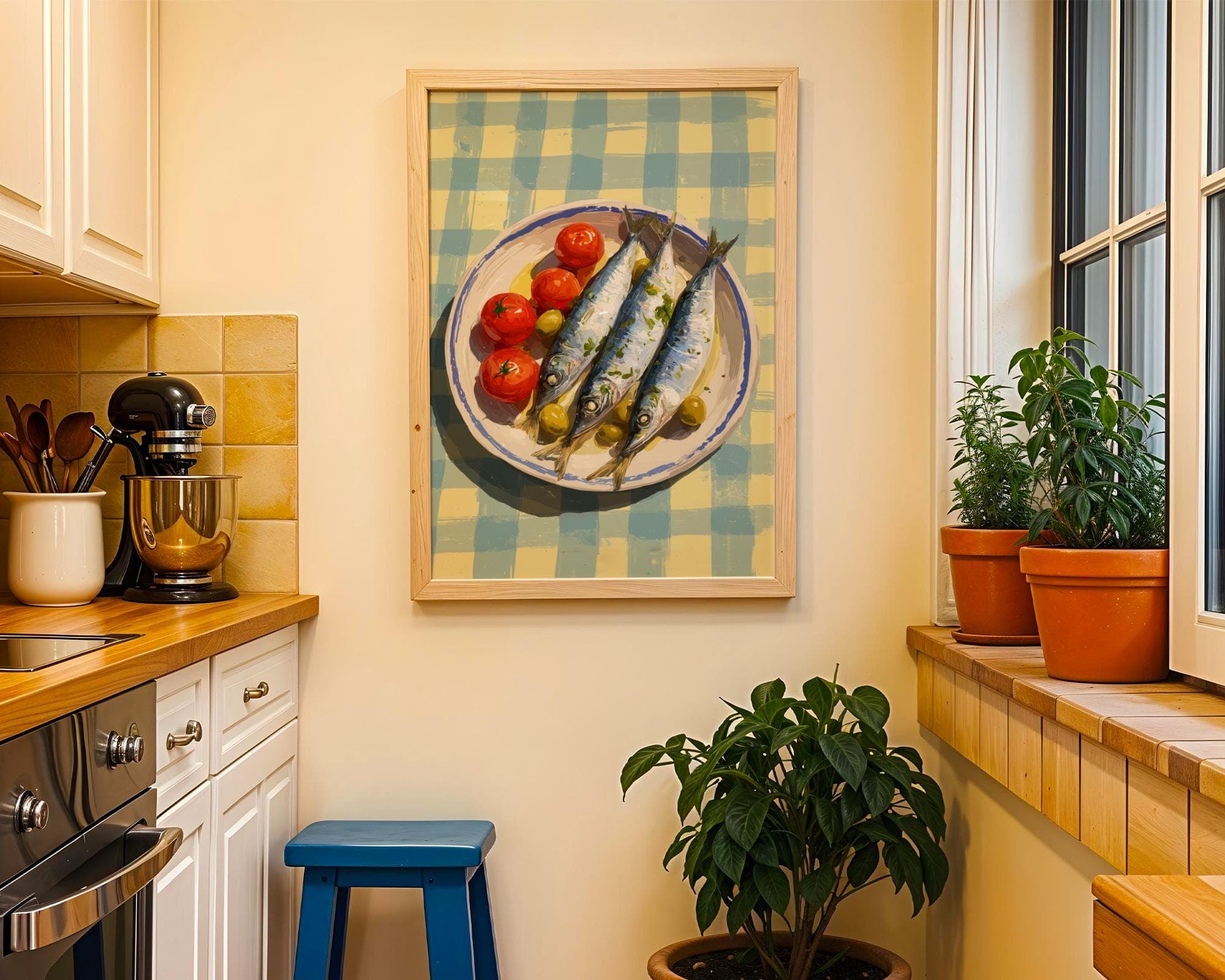 Mediterranean Sardine Plate Wall Art, Sardines Painting, Digital Download, Rustic Kitchen Wall Art, Sardines Kitchen Art, Sardines Art - view 4