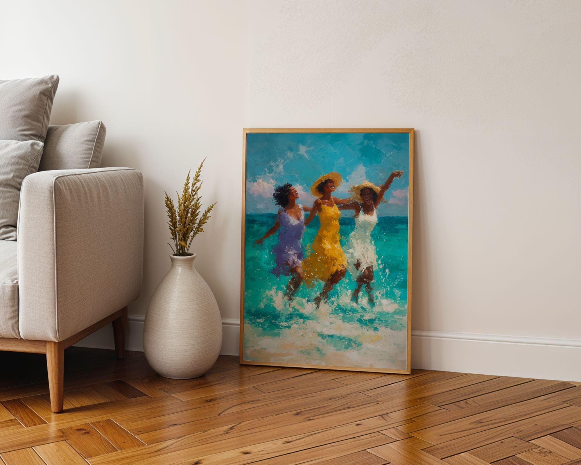 Beach Wall Art Print, Ocean Waves Painting, Summer Friends in Surf, Coastal Decor, Afrocentric Decor, Oil Painting Print, Digital Art - view 3