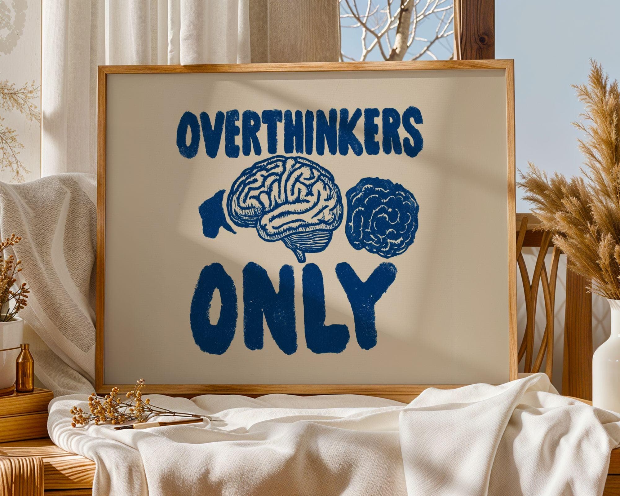 Overthinkers Only Wall Art, Mental Health Wall Art, Retro Typography Poster, Anxiety Humor Wall Art, Dorm Room Wall Art, Blue Beige Print - view 4
