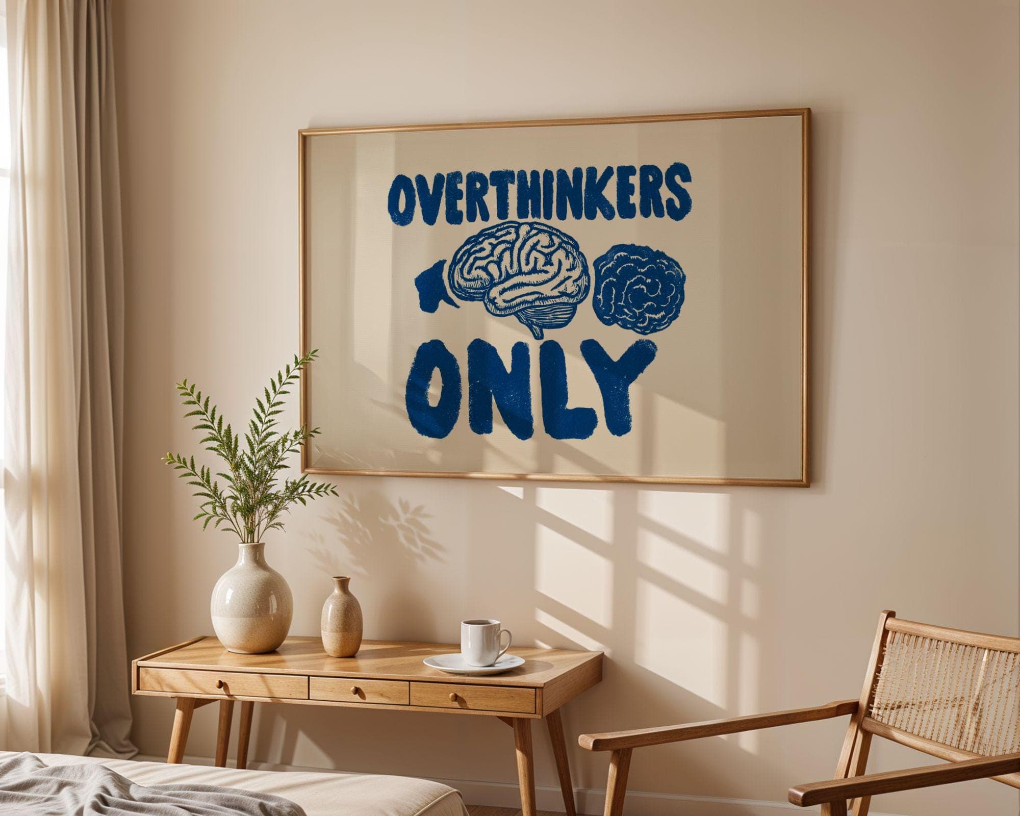 Overthinkers Only Wall Art, Mental Health Wall Art, Retro Typography Poster, Anxiety Humor Wall Art, Dorm Room Wall Art, Blue Beige Print - view 3