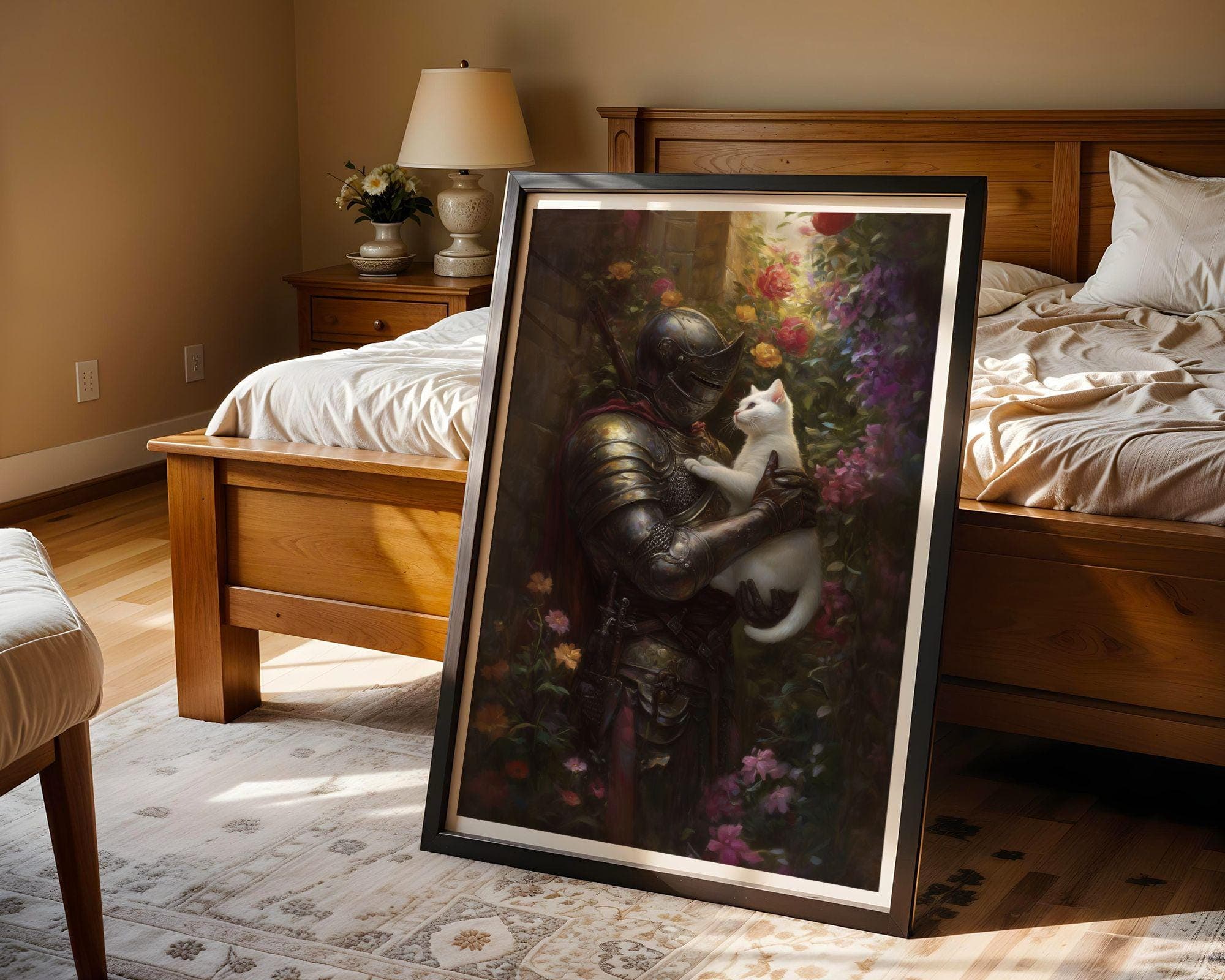 Medieval Knight and White Cat Painting, Medieval Fantasy Painting, Fantasy Art, Whimsical Cat Decor, Digital, Maximalist, Floral Art Decor - view 3