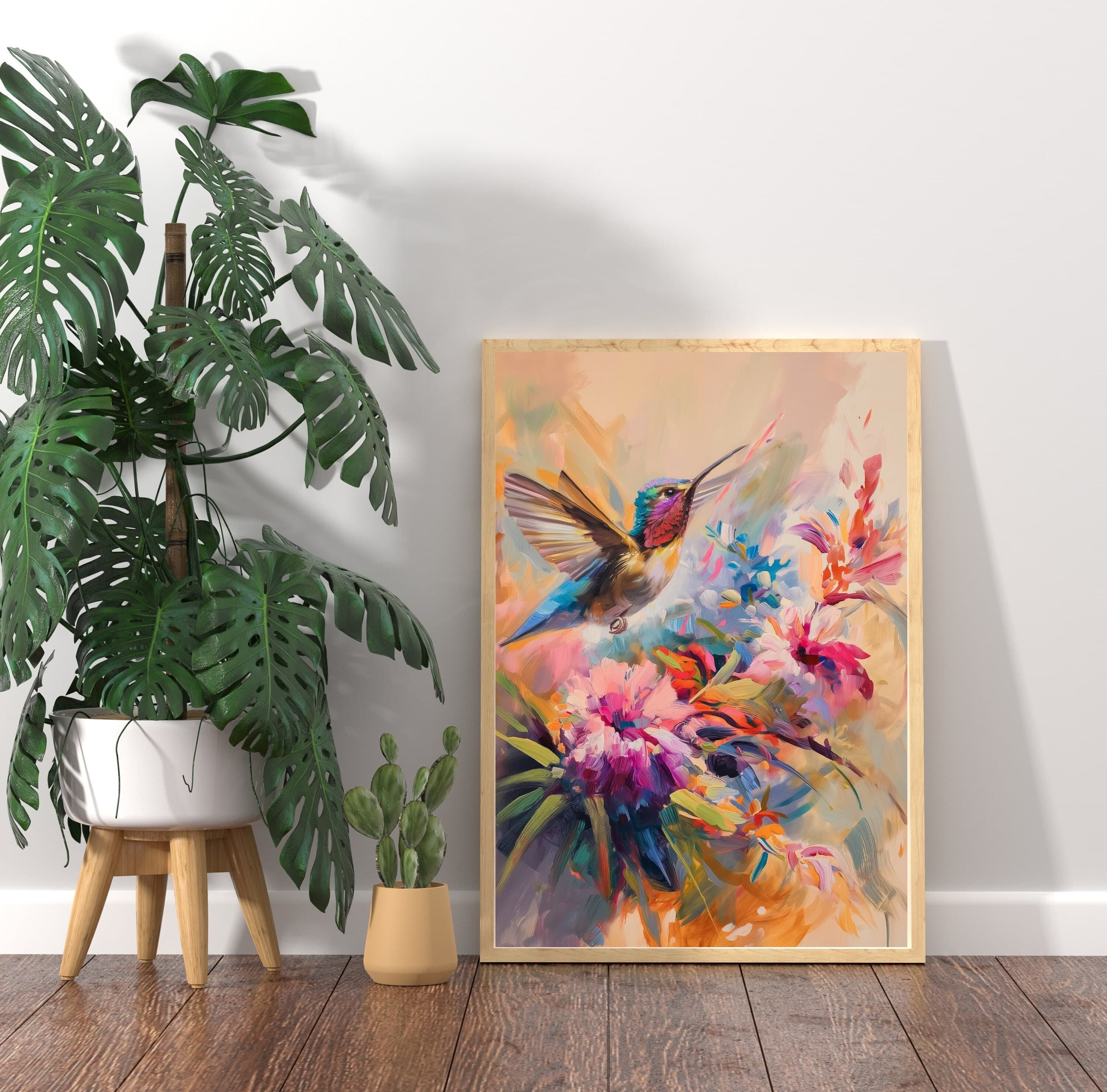 Colorful Hummingbird Poster, Oil Painting, Hummingbird Digital Wall Art, Vibrant Hummingbird and Flowers, Colorful Bird Art, Bird Poster - view 3