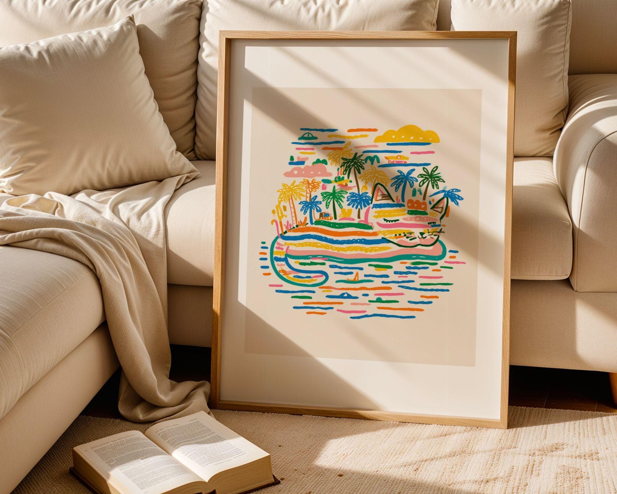 Whimsical Cat Island Print – Vibrant Crayon Style Tropical Animal Poster, Fun Cat Wall Art – Palm Island Pop Art Print, Abstract Cat Print - view 2
