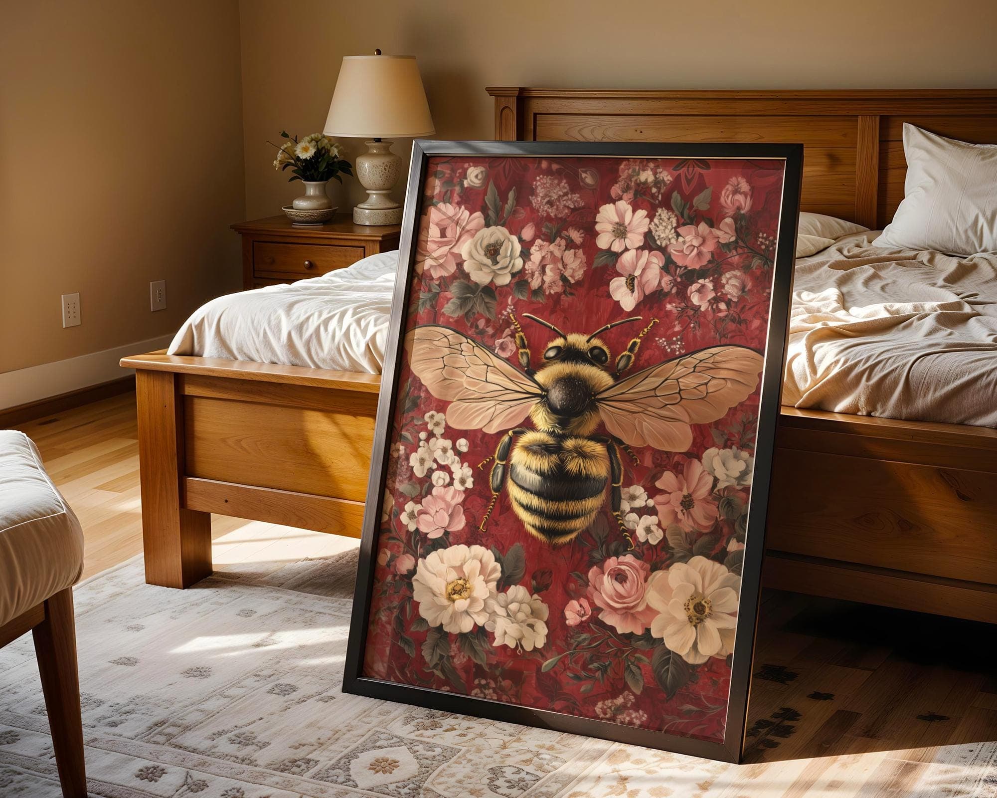 Bee Floral Wall Art Print, Vintage Bee with Flowers, Bumblebee on Flowers Wall Art, Vintage Floral Art Print, Vintage Botanical Print - view 5