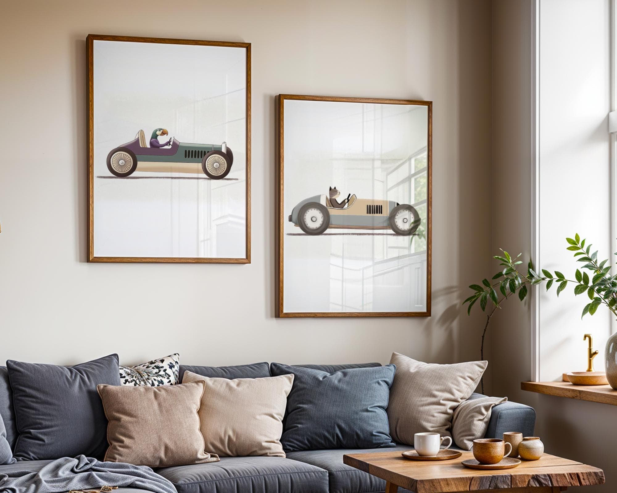 Racing Car Animal Wall Art, Set of 3 Nursery Animal Decor, Animal Driving Vintage Car Art, Playful Wall Print, Racing Animal Illustration - view 3