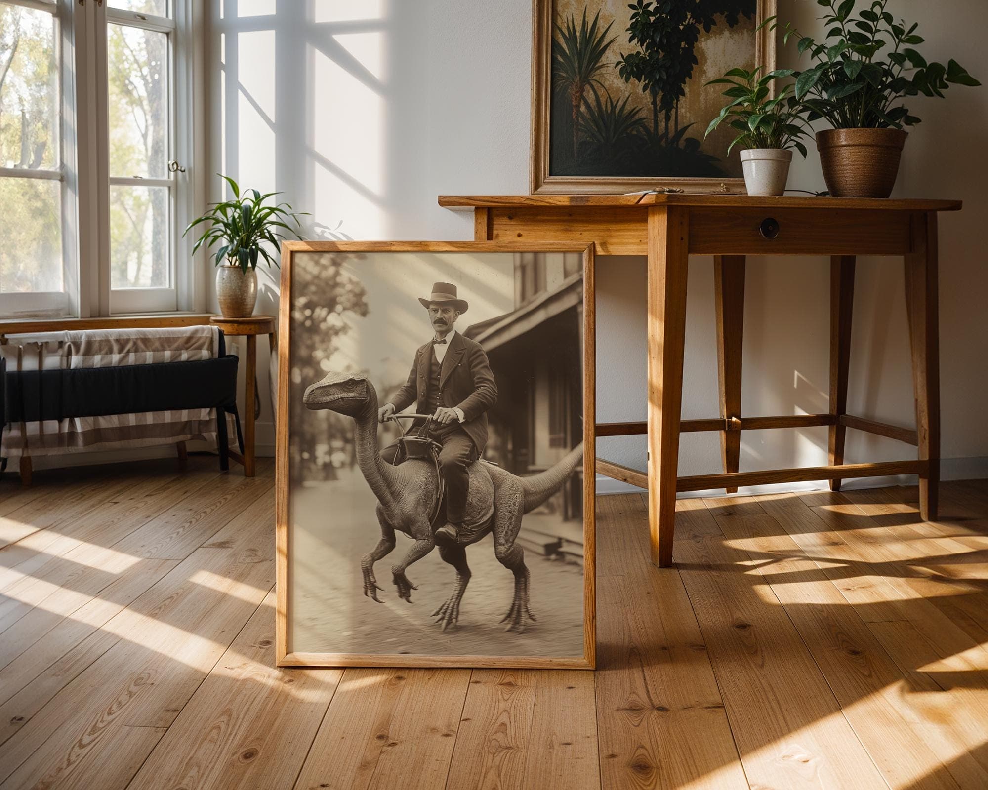 Dapper Man Riding Dinosaur Art β Vintage Western Wall Decor, Office & Man Cave Decor, Retro Sci Fi Wall Art for Steampunk Decor, Western Art - view 4