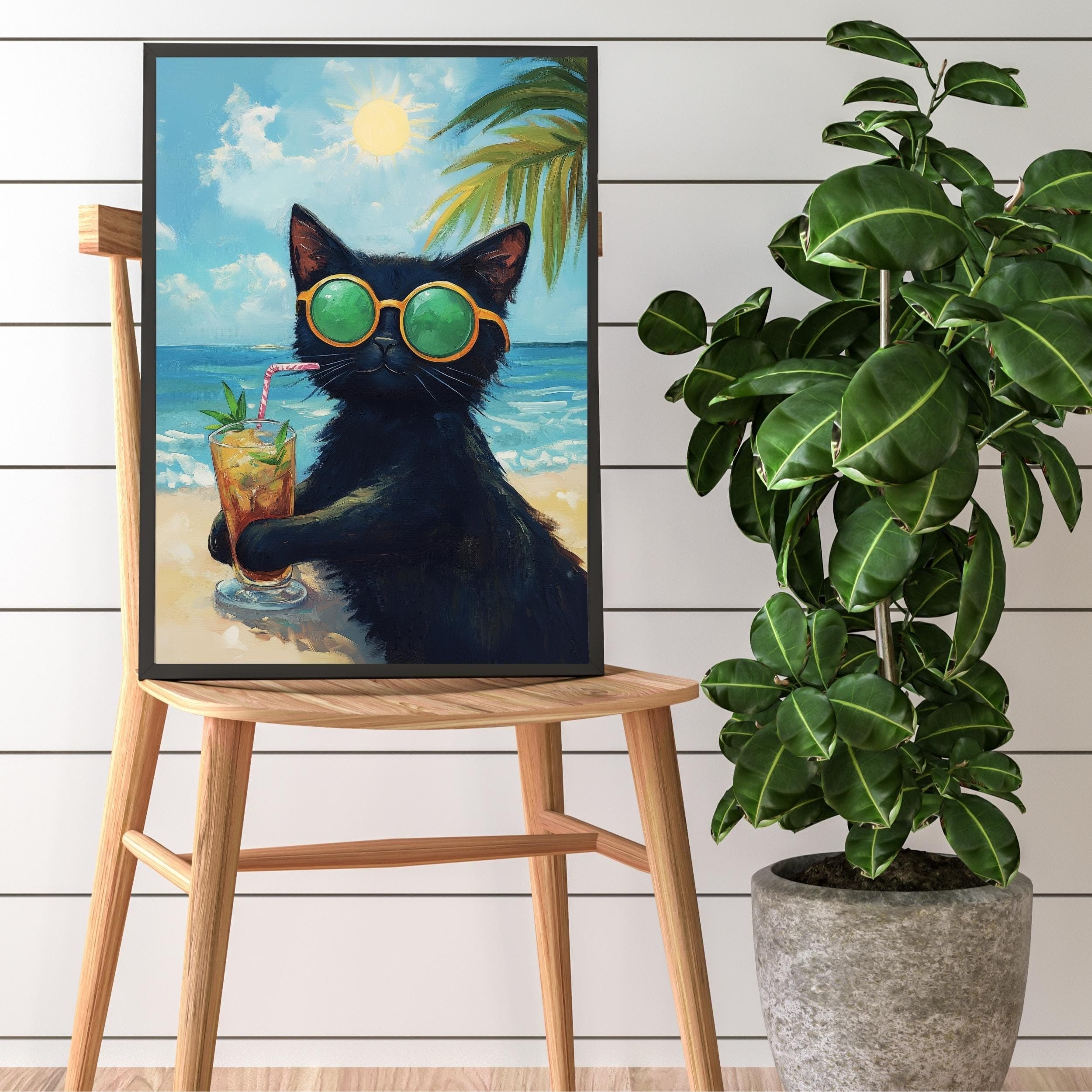 Sunbathing Cat Art Print, Black Cat Digital Poster, Black Cat Oil Painting, Summer Vibes Art Print, Matisse Cat Print, Summer Beach Cat Art - view 2