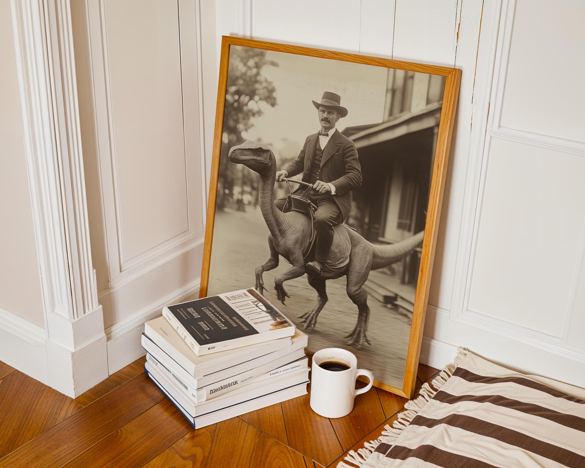 Dapper Man Riding Dinosaur Art β Vintage Western Wall Decor, Office & Man Cave Decor, Retro Sci Fi Wall Art for Steampunk Decor, Western Art - view 2