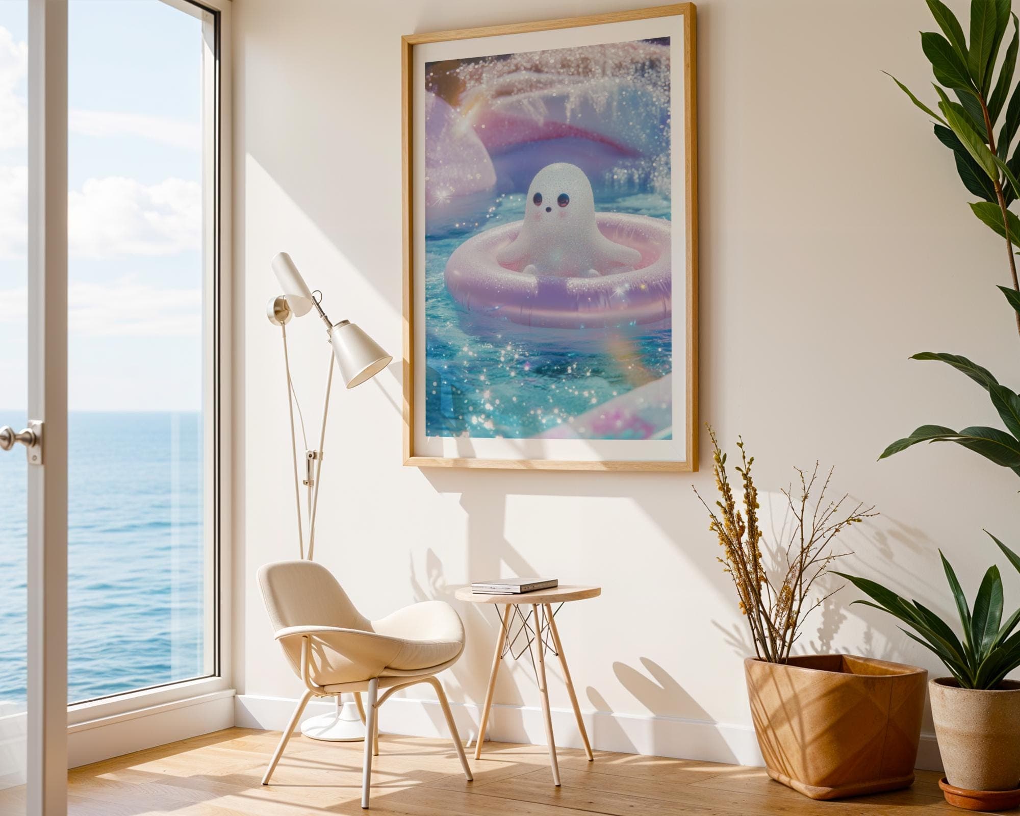 Cute Ghost Art Print, Halloween Art Print, Kawaii Ghost Art Print, Cute Seal Ghost Illustration, Pastel Sparkle Pool Art, Whimsical Decor - view 4