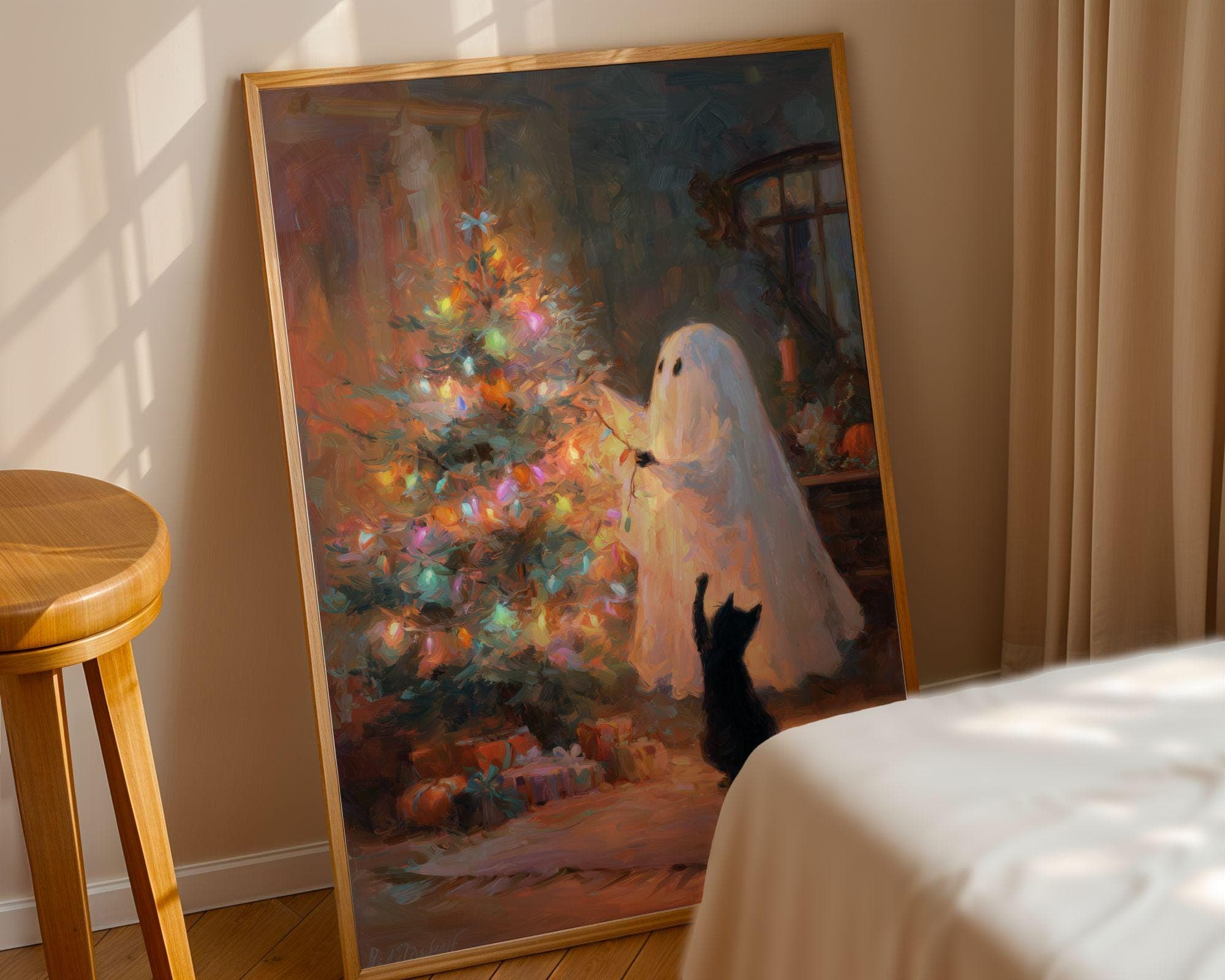 Ghost and Black Cat Christmas, Whimsical Black Cat Art, Funny Black Cat Poster, Whimsical Ghost Christmas Art, Vintage Ghost Christmas - view 5
