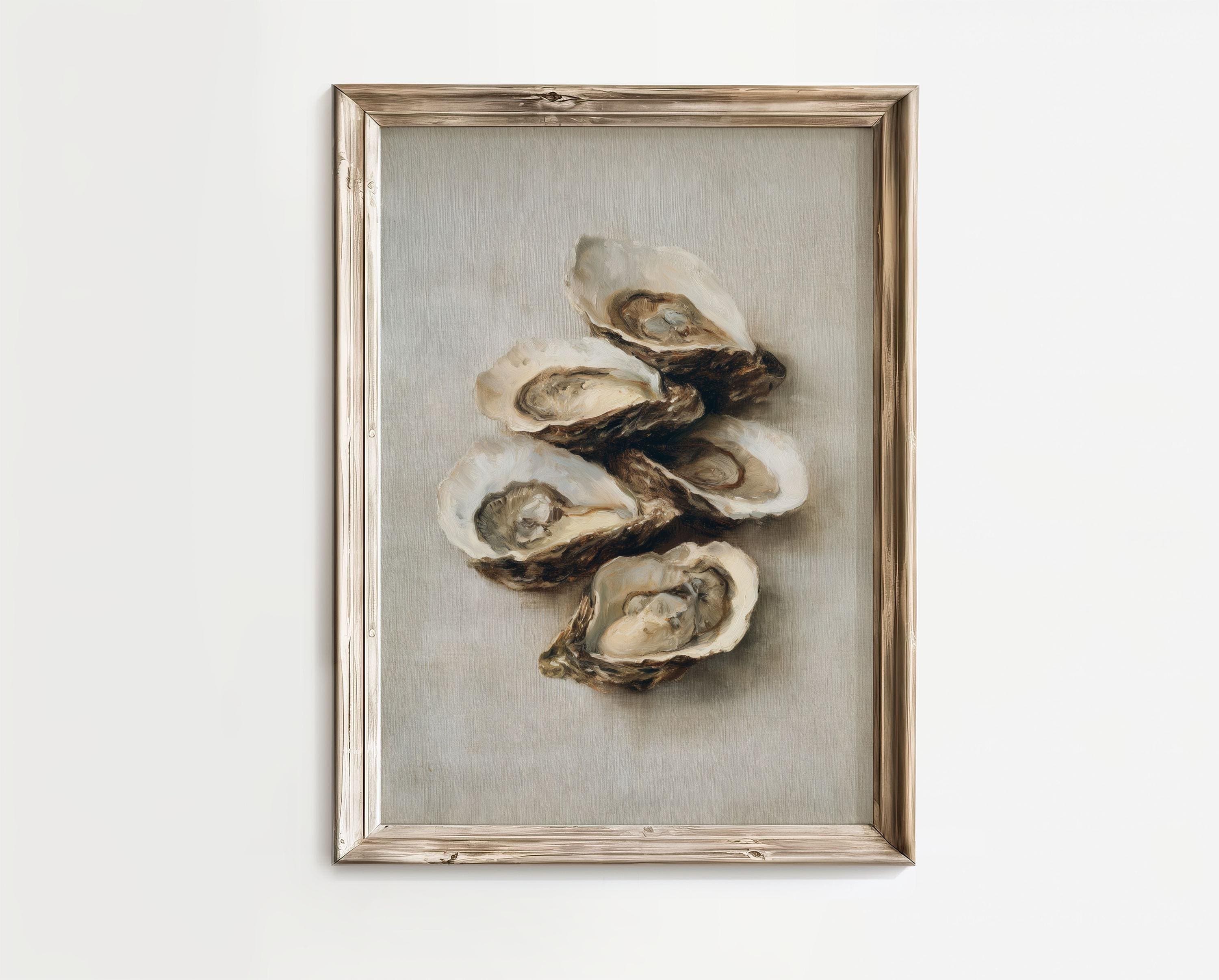 Oyster Wall Decor, Minimal Coastal Art Print, Oyster Still Life, Oyster Painting, Coastal Dining Room Decor, Oyster Canvas Art, Digital Art - view 2