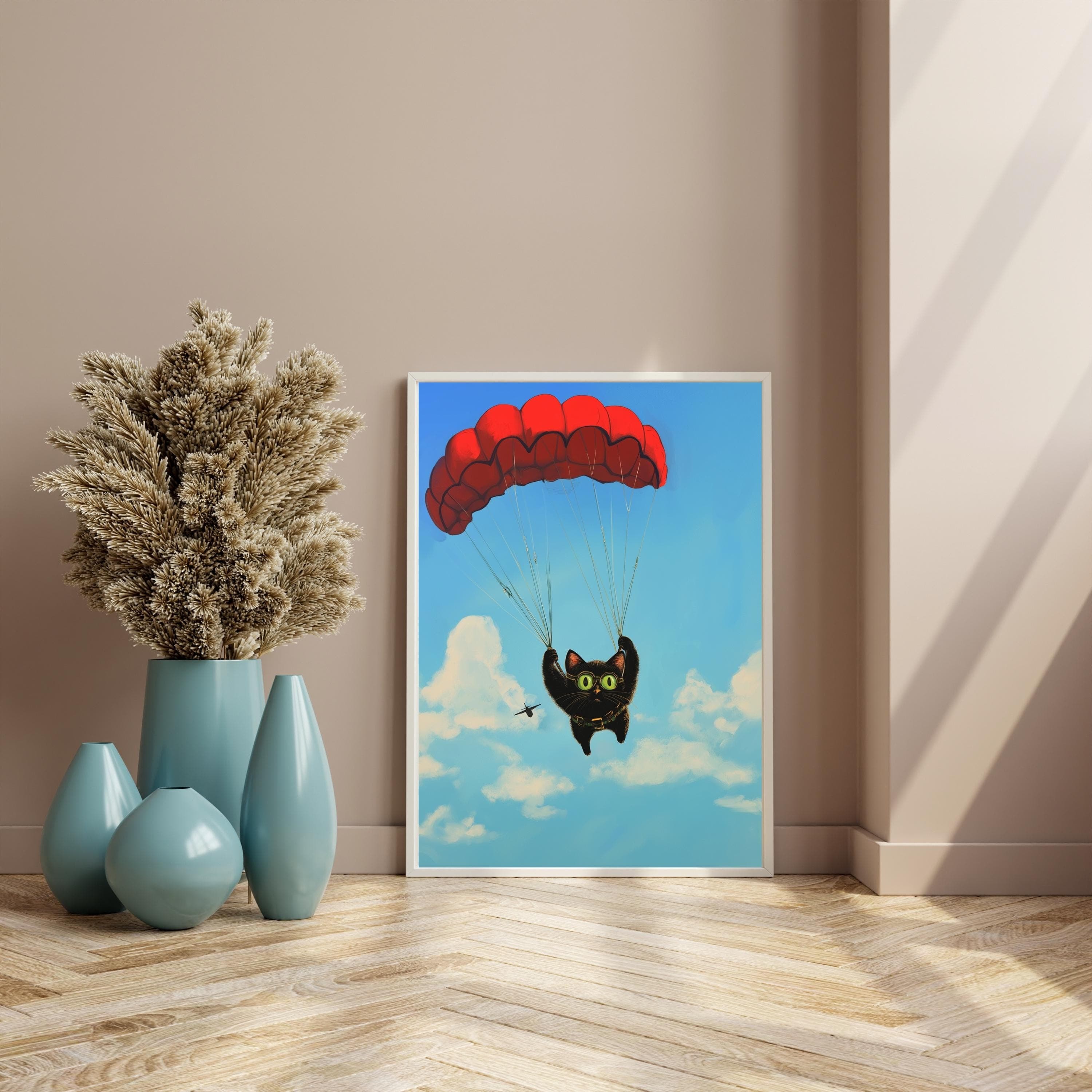 Black Cat Parachuting Art Print, Whimsical Black Cat Decor, Matisse Style, Digital Art Print, Colorful Black Cat Art, Oil Painting Black Cat - view 6