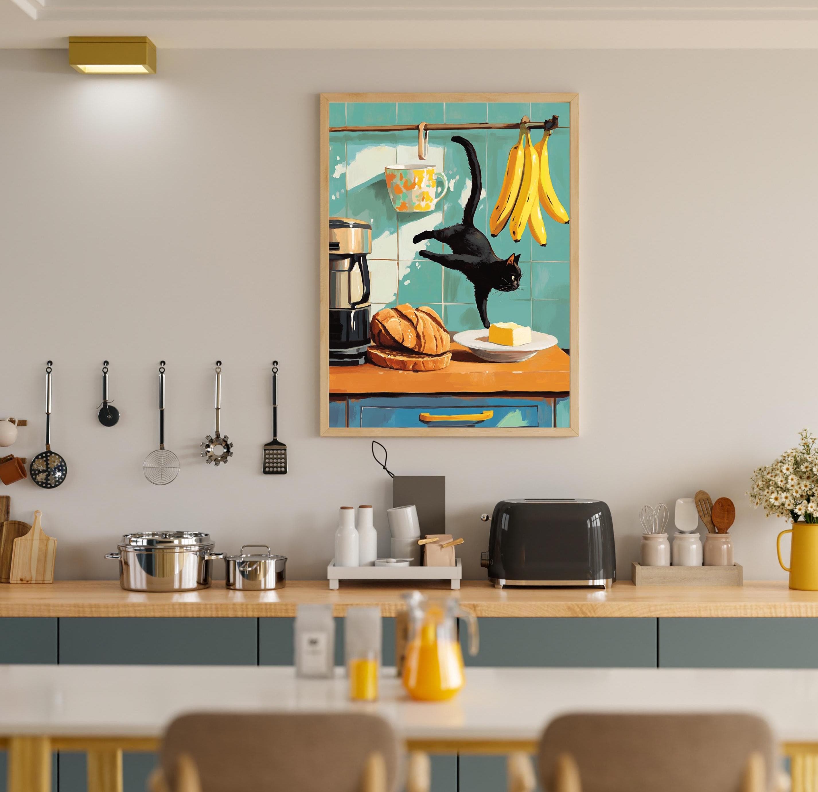 Colorful Kitchen Wall Print, Whimsical Cat Art Print, Colorful Kitchen Decor, Vintage Black Cat Kitchen Decor, Retro Kitchen Wall Art - view 3