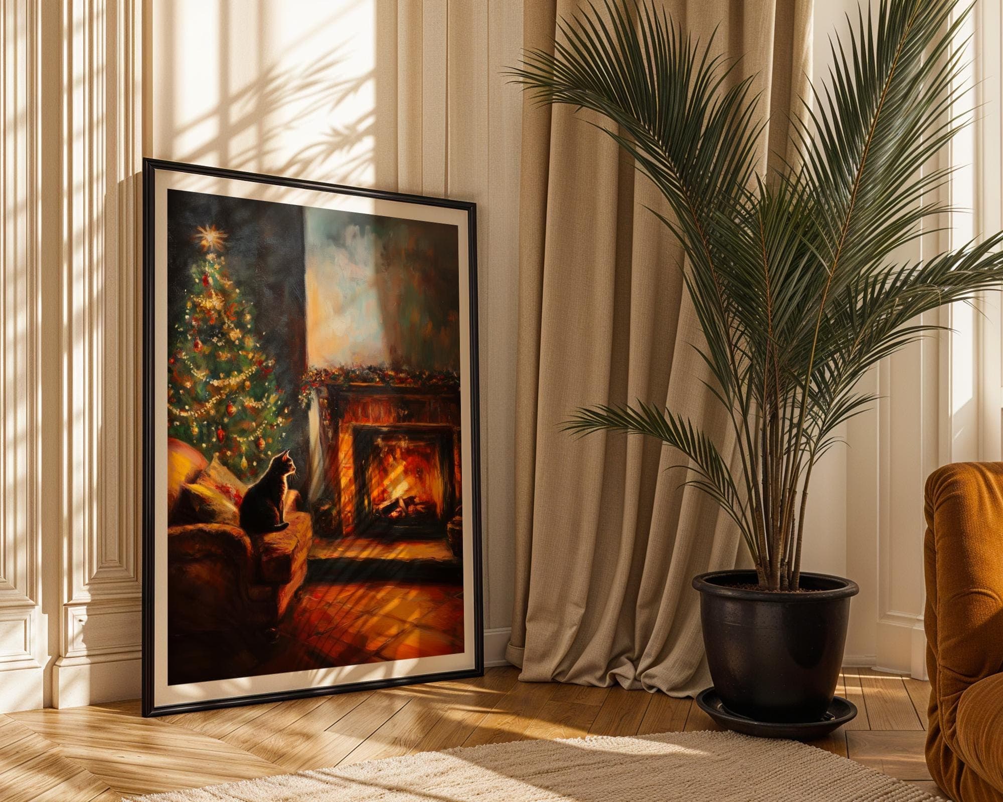 Rustic Christmas Wall Art, Christmas Animal Wall Art, Digital Download, Winter Holiday Art Print, Warm Holiday Prints, Black Cat Fireplace - view 5