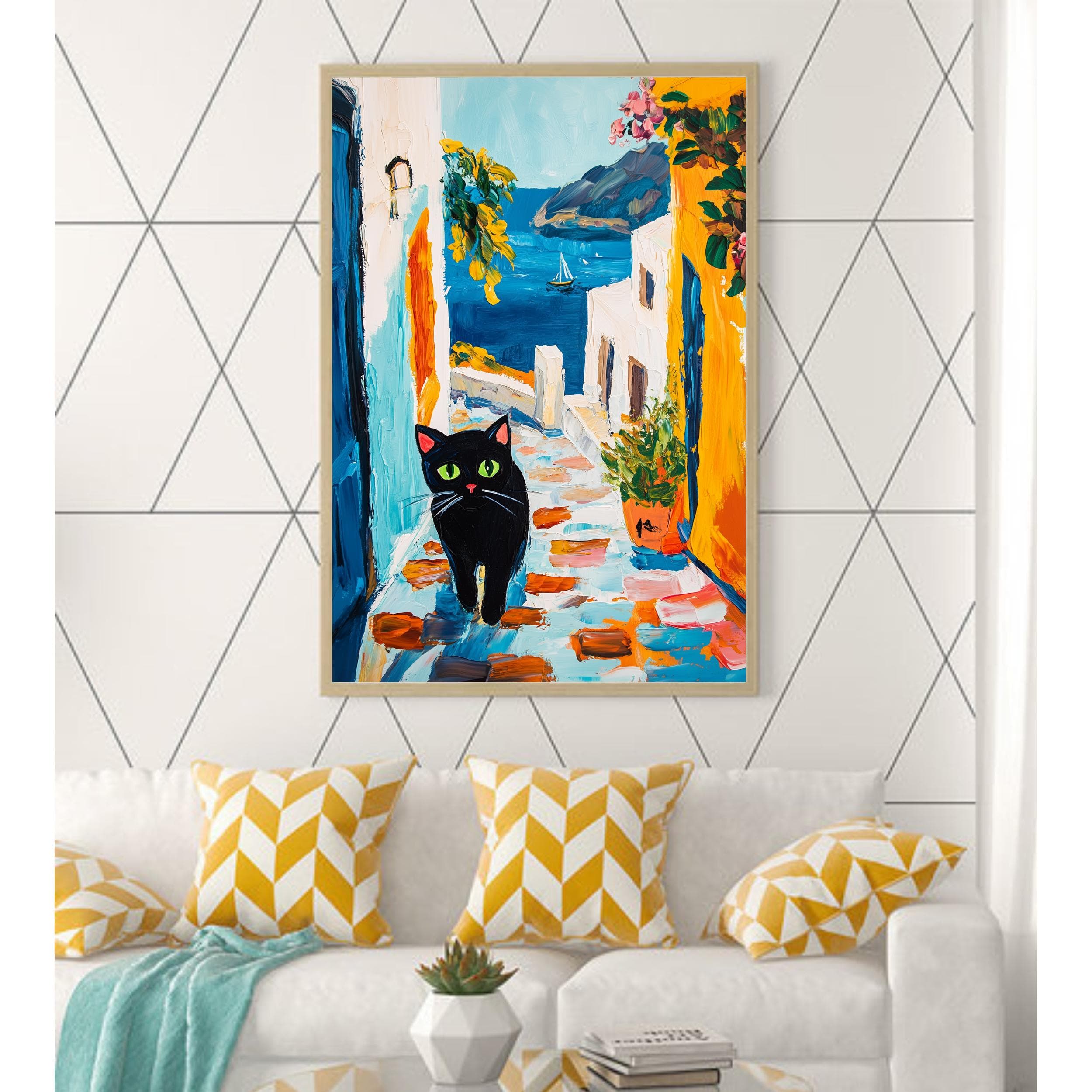 Santorini Cat Art Print, Greek Island Illustration, Travel Art, Greek Islands Wall Art, Cat Wall Art, Colorful Vibrant Housewarming Gift - view 6