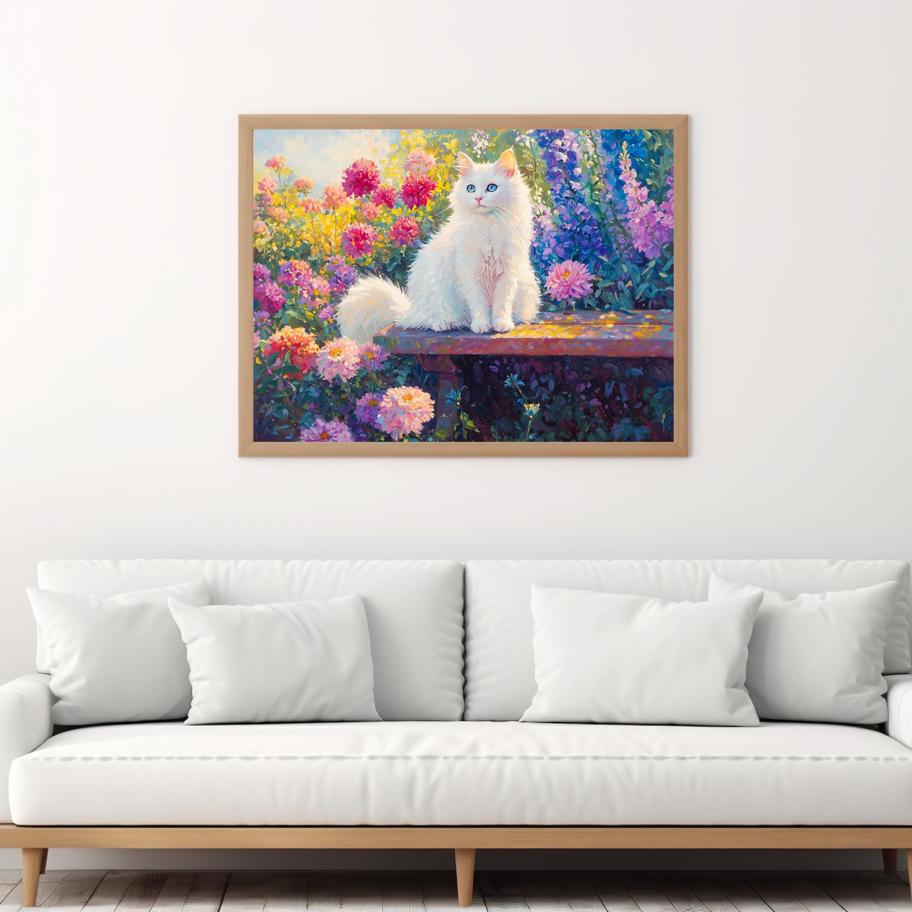 Fluffy white cat in a flower garden, Oil painting of cat and flowers, Garden oil painting print,Colorful floral art print, White Cat Artwork - view 4