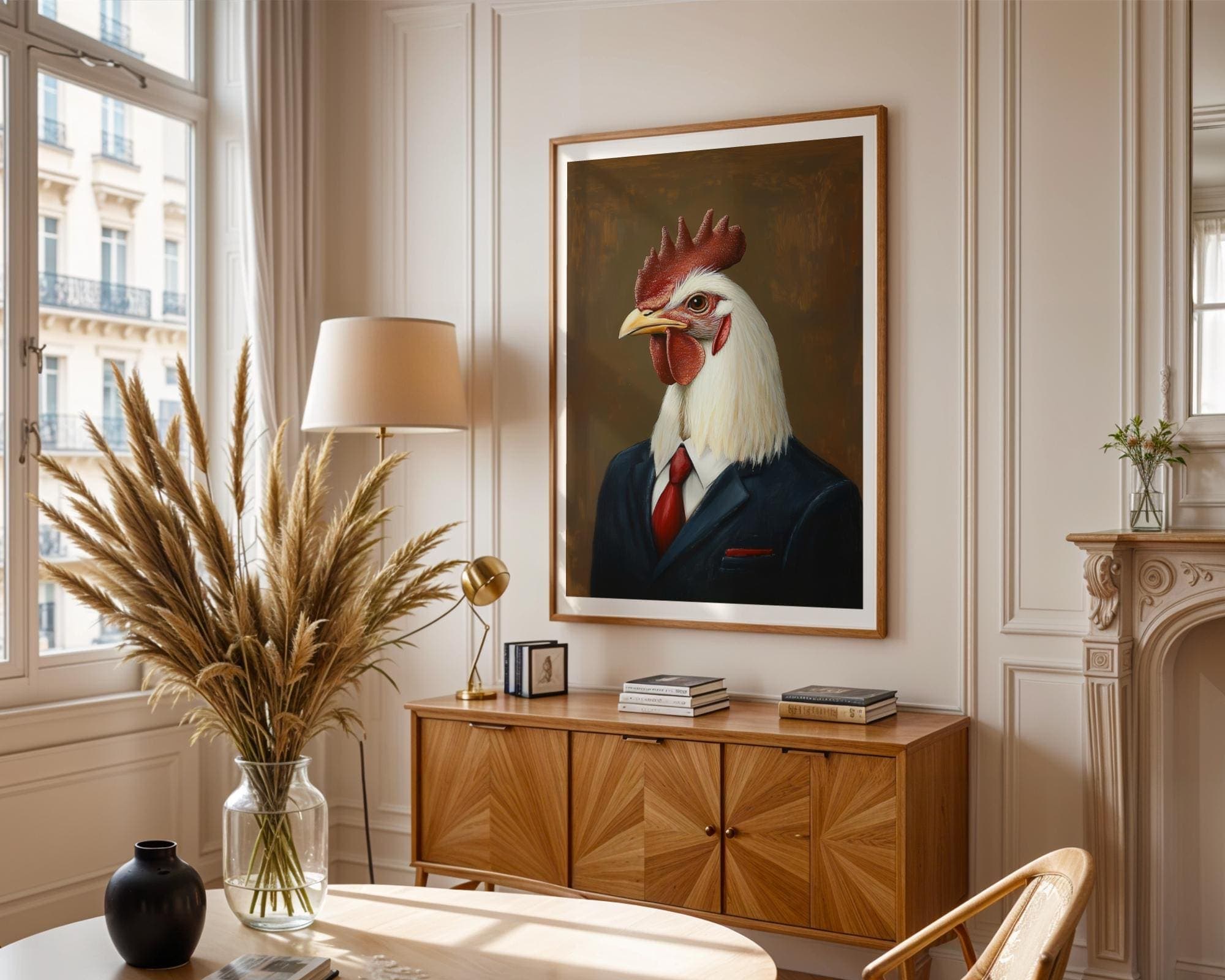Funny Chicken Portrait, Rustic Digital Print, Quirky Farm Decor, Rooster Poster, Chicken Printable Wall Art, Brown Background Animal Print - view 2