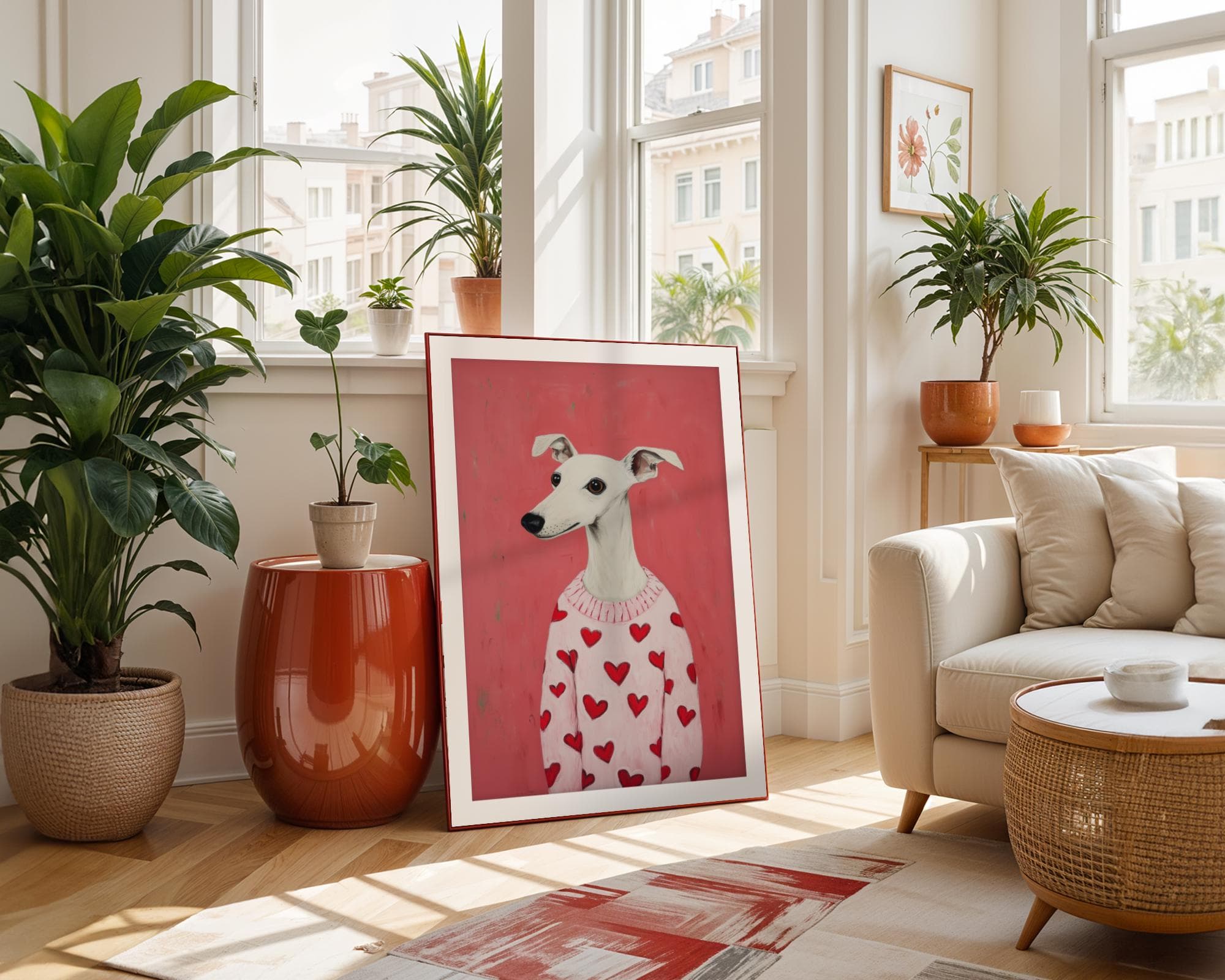 Whippet Dog Art, Pink Dog Wall Art, Digital Whippet Portrait, Whippet Poster for Pet Lovers, Funny Dog Printable, Dog Valentine Poster - view 4