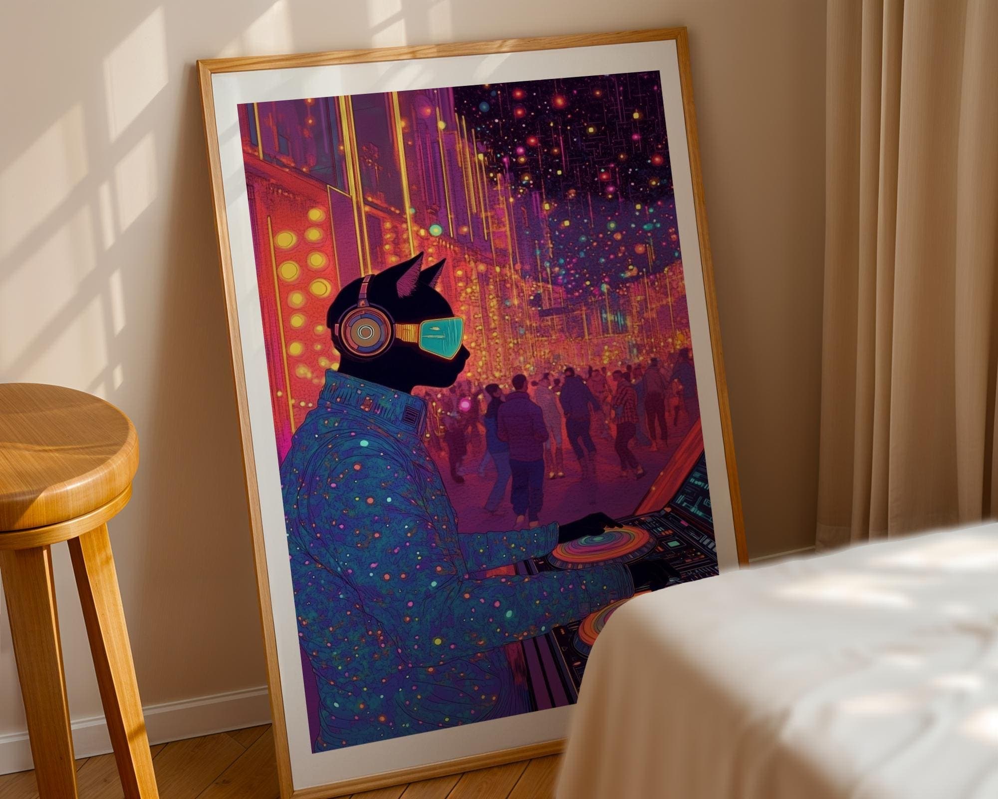 Cyberpunk Cat DJ Wall Art, Neon Futuristic Music Print for Gaming Rooms, Digital Download, Furry DJ Cat Art, Techno Cat DJ Poster, Cat Art - view 5