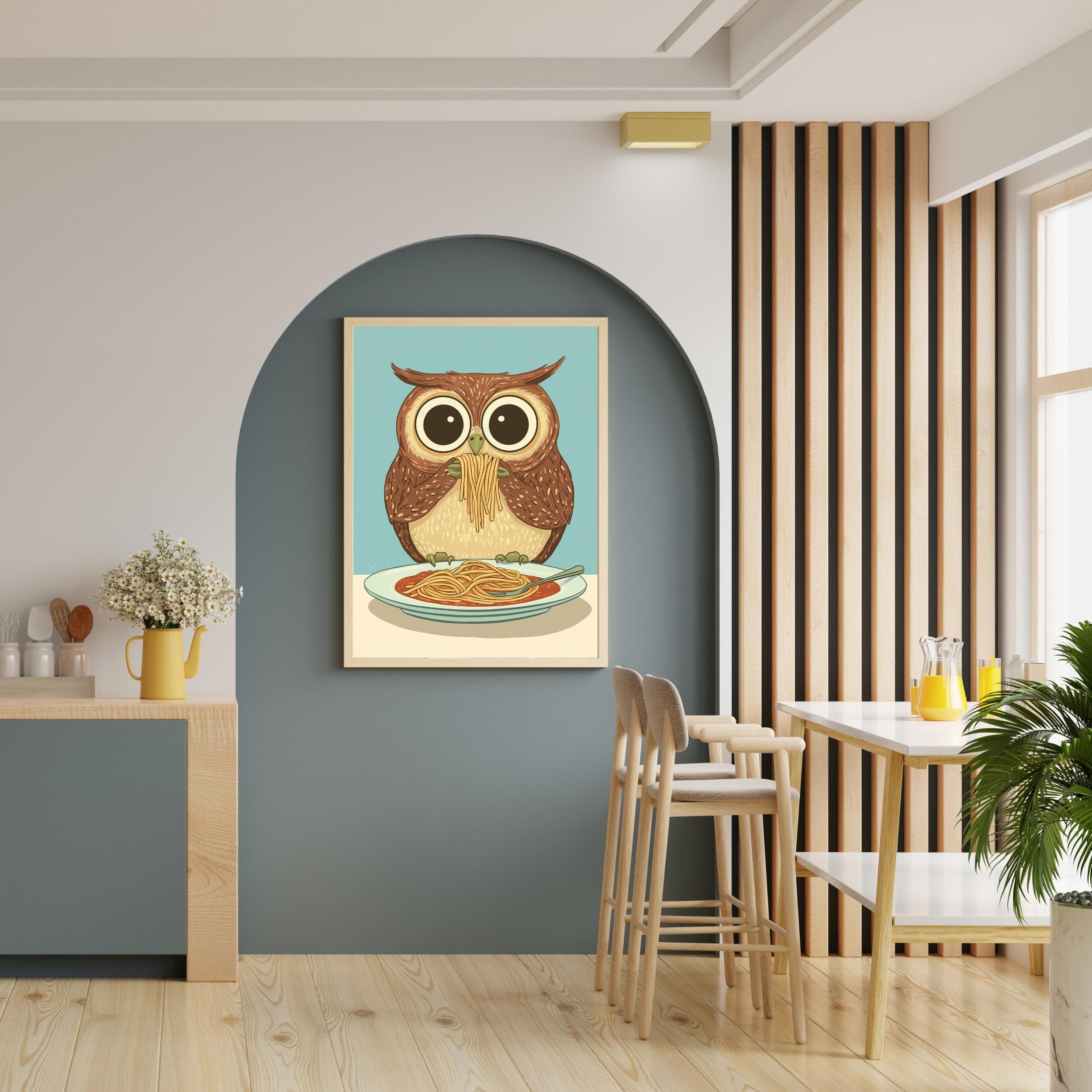 Owl Spaghetti Art Print,Whimsical Owl Kitchen Decor, Owl Pasta Print, Charming Owl Kitchen Print, Maximalist Owl Art, Owl Wall Prints - view 5