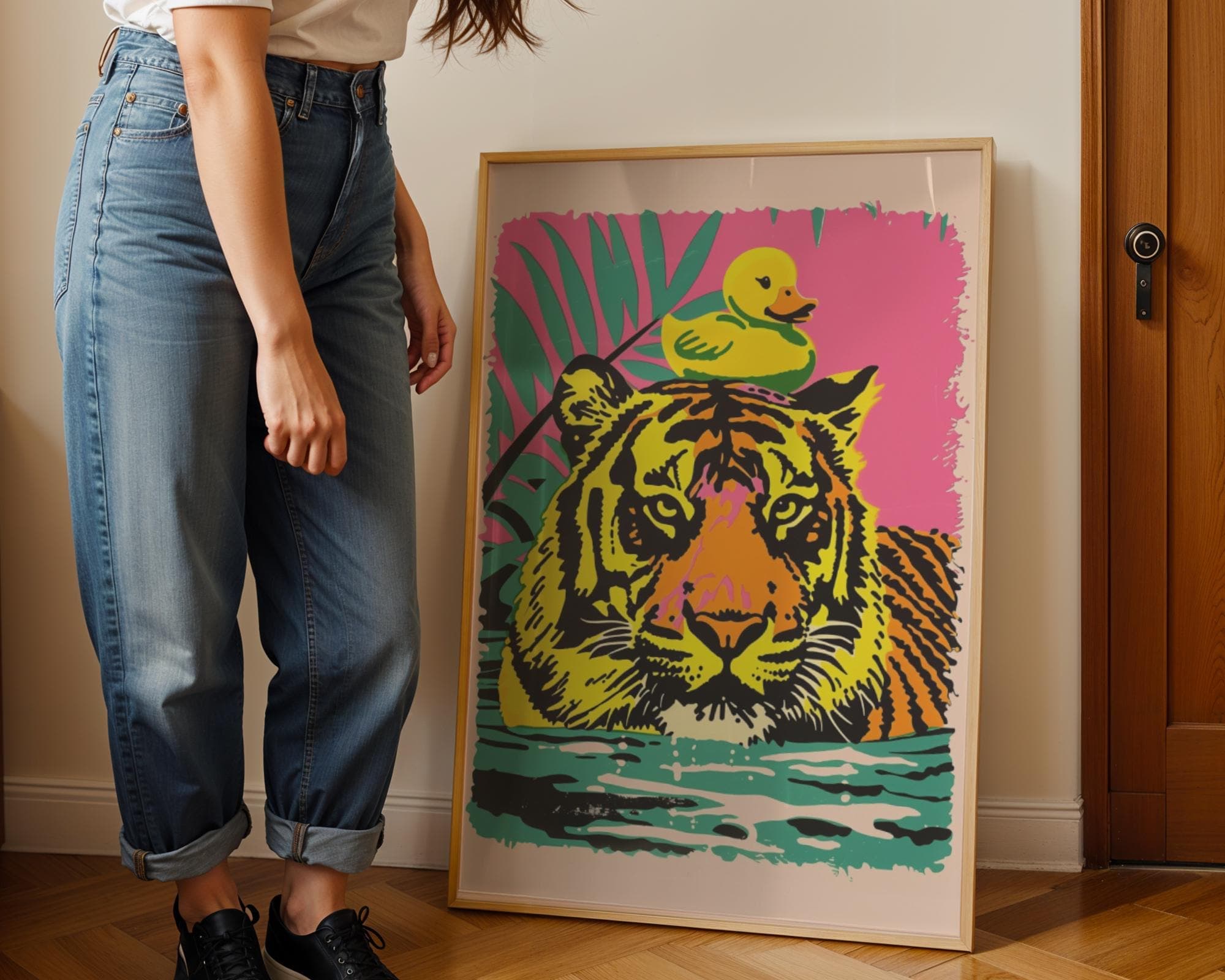Pop Art Tiger Print with Yellow Duck, Modern Quirky Decor (Digital Download) - view 7
