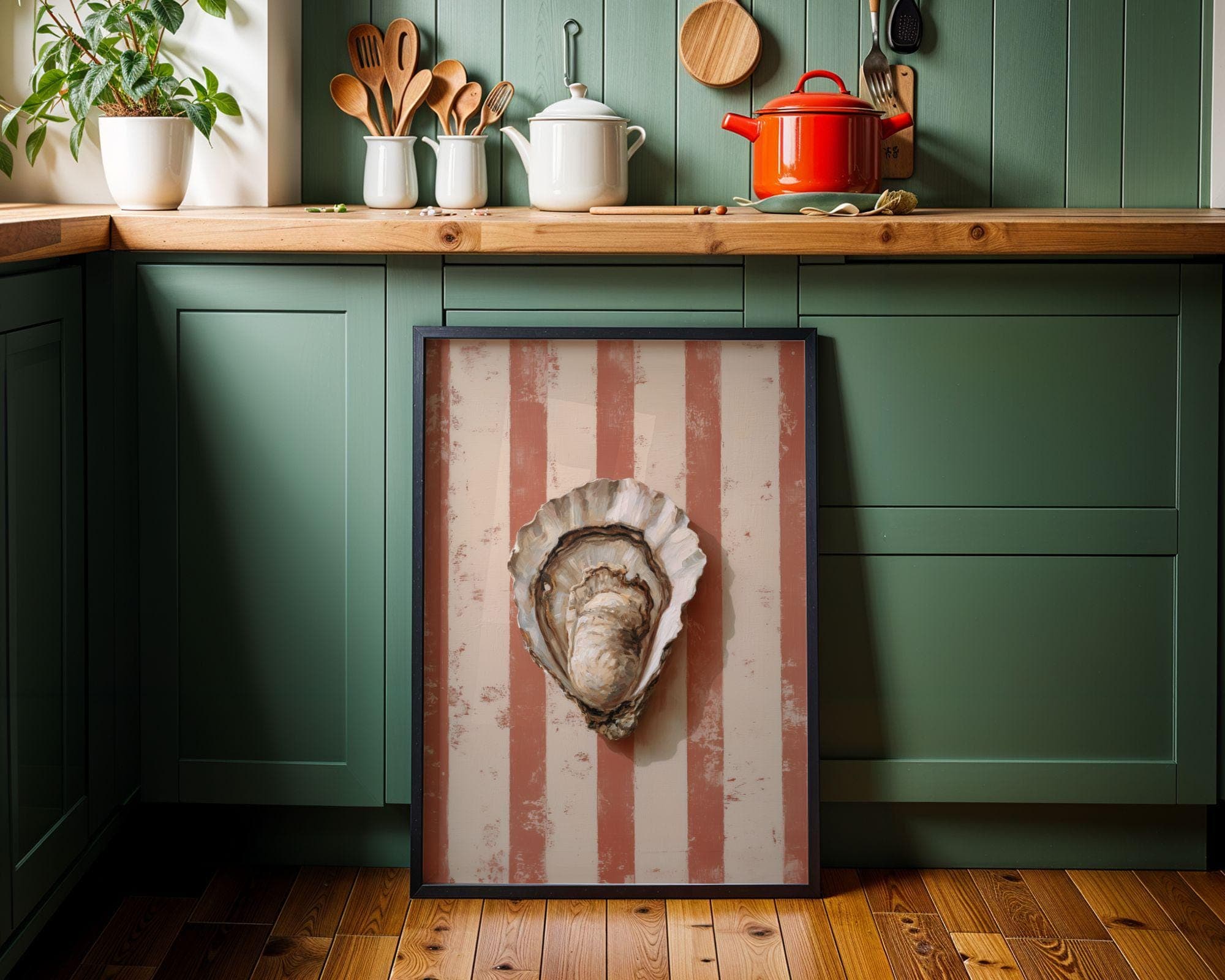 Oyster Shell Wall Print, Coastal Bathroom Decor, Pink Striped Beach House Wall Art, Neutral Nautical Oyster Painting, Preppy Coastal Decor - view 3