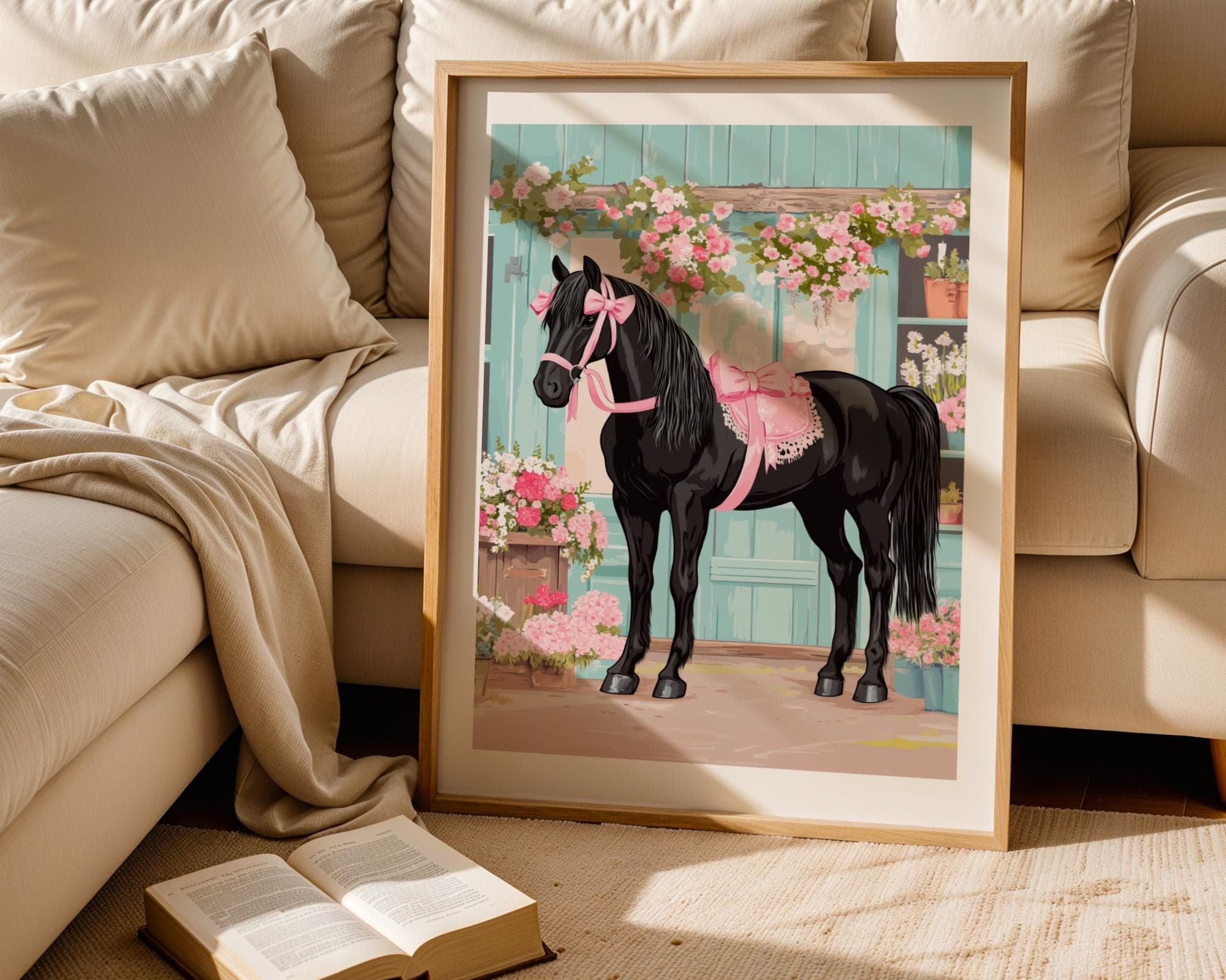 Black Horse with Pink Ribbons, Floral Stallion Art (Digital Download) - view 6