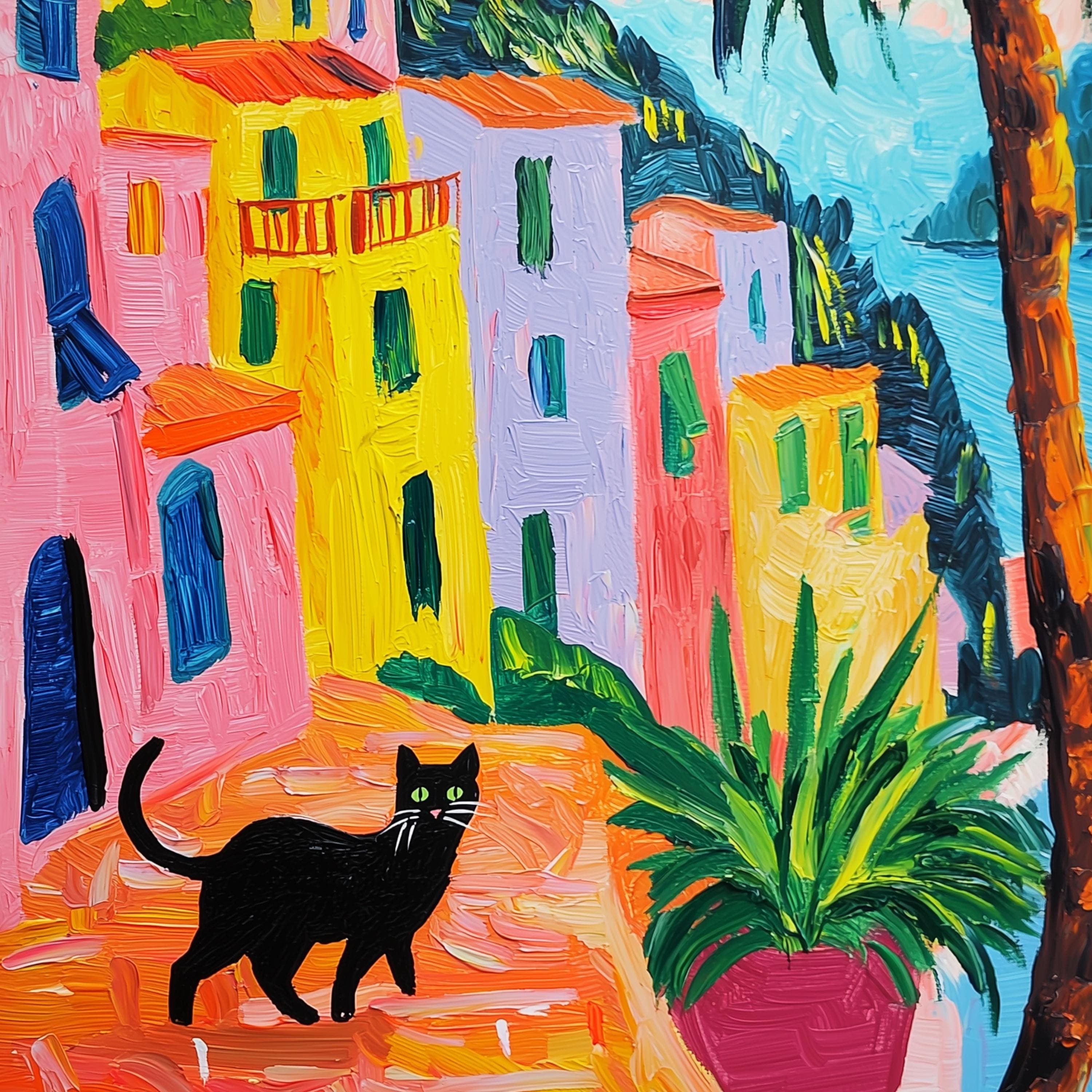 Portofino Print, Cat Print, Beachy Wall Art, Coastal Wall Art, Oil Painting Printable Wall Art, Cat Painting Summer Decor Nautical Wall Art - view 2