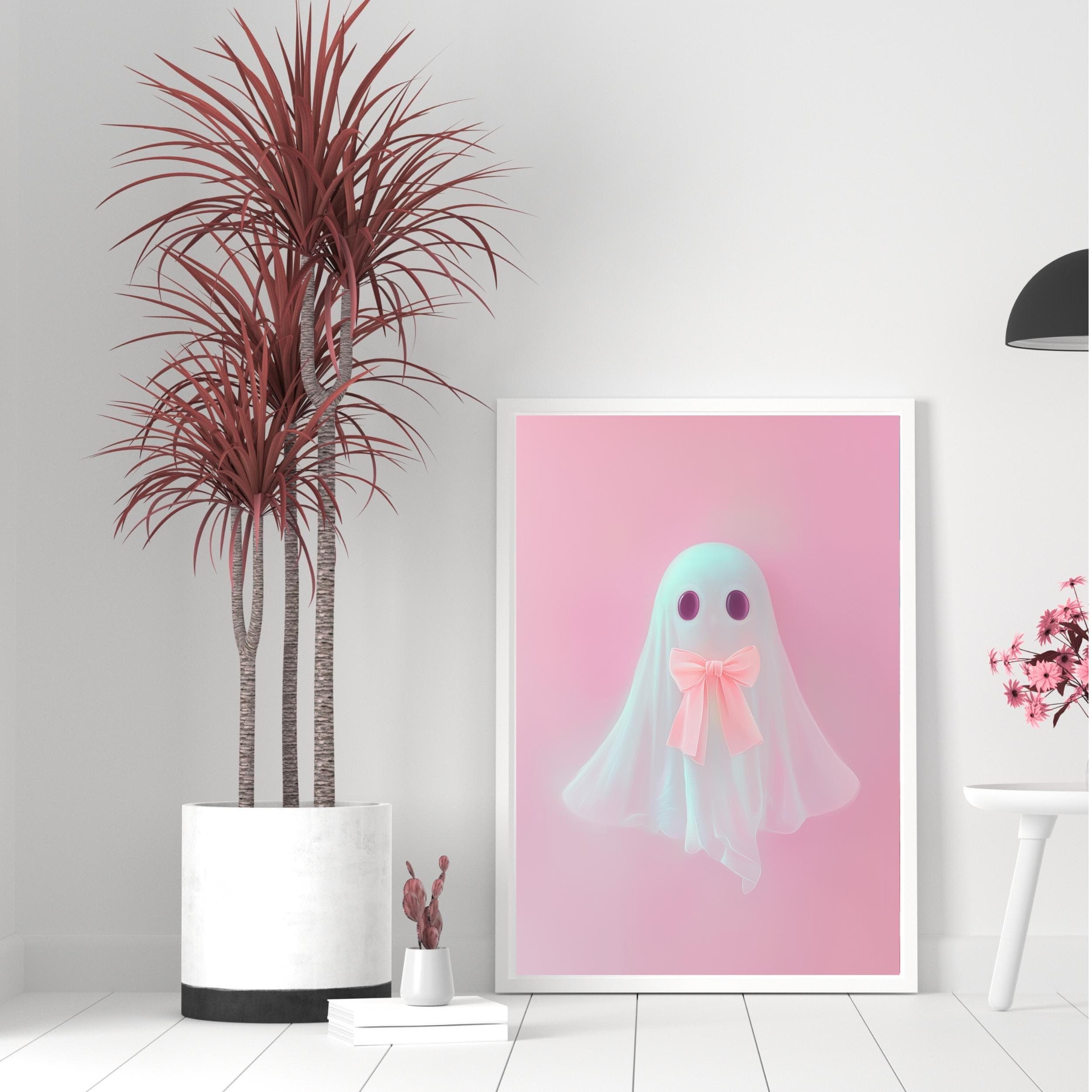 Pink Ghost Wall Art Print Pink Bow Ghost Printable Cute Ghost Painting Coquette Aesthetic Halloween Decor Preppy Trendy Girly Digital Art - view 6