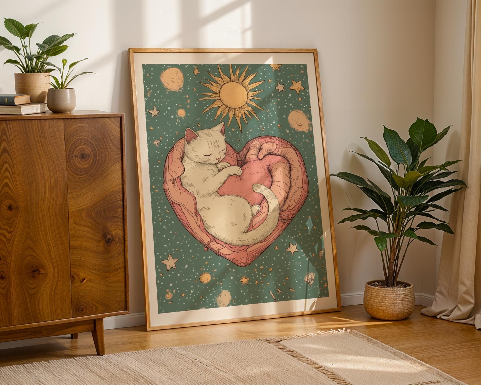 Celestial Cat Poster, Sun, Moon, and Cat Print, Celestial Art Print, Whimsical Starry Illustration, Digital Download, Printable Cat Poster - view 2
