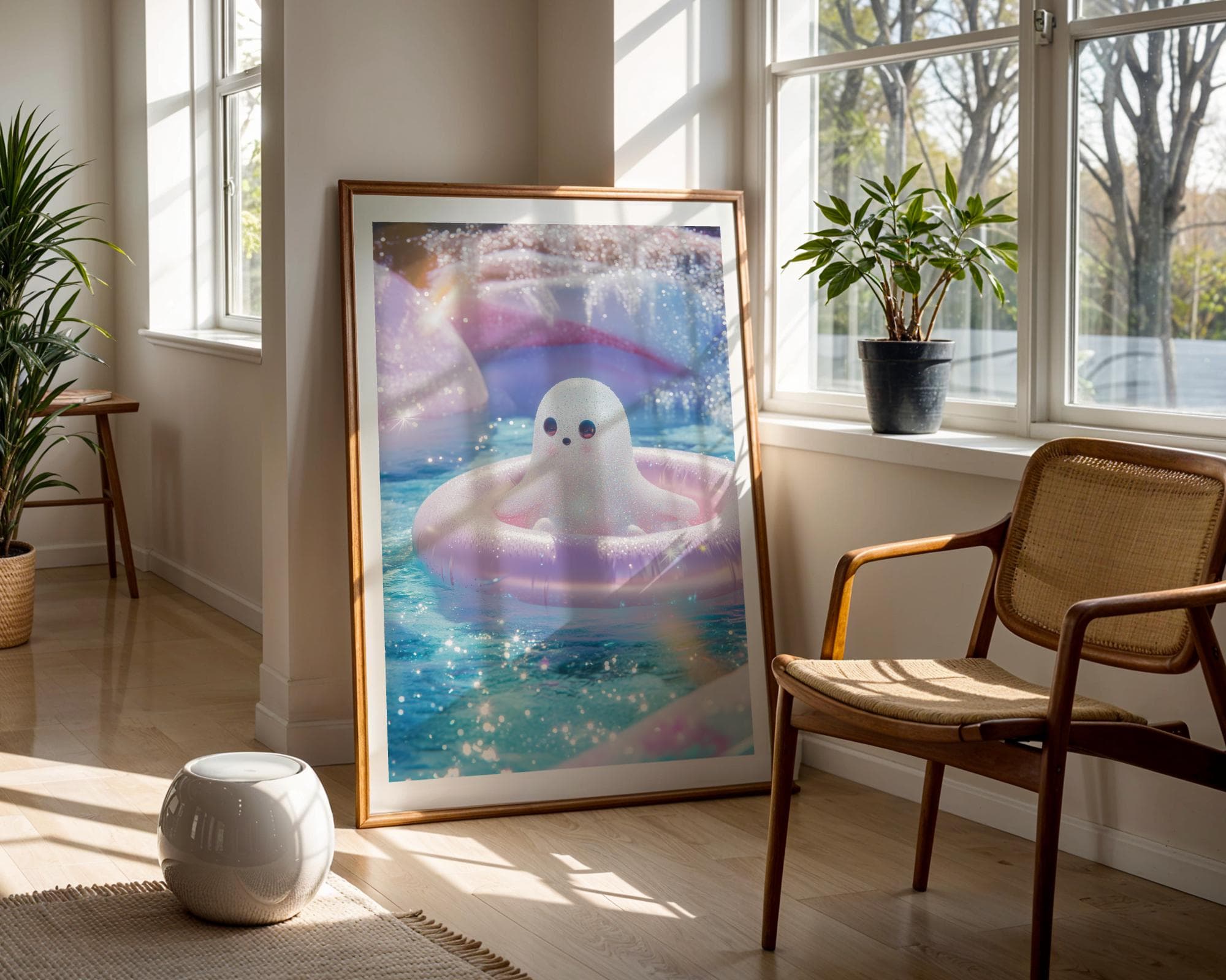 Cute Ghost Art Print, Halloween Art Print, Kawaii Ghost Art Print, Cute Seal Ghost Illustration, Pastel Sparkle Pool Art, Whimsical Decor - view 5