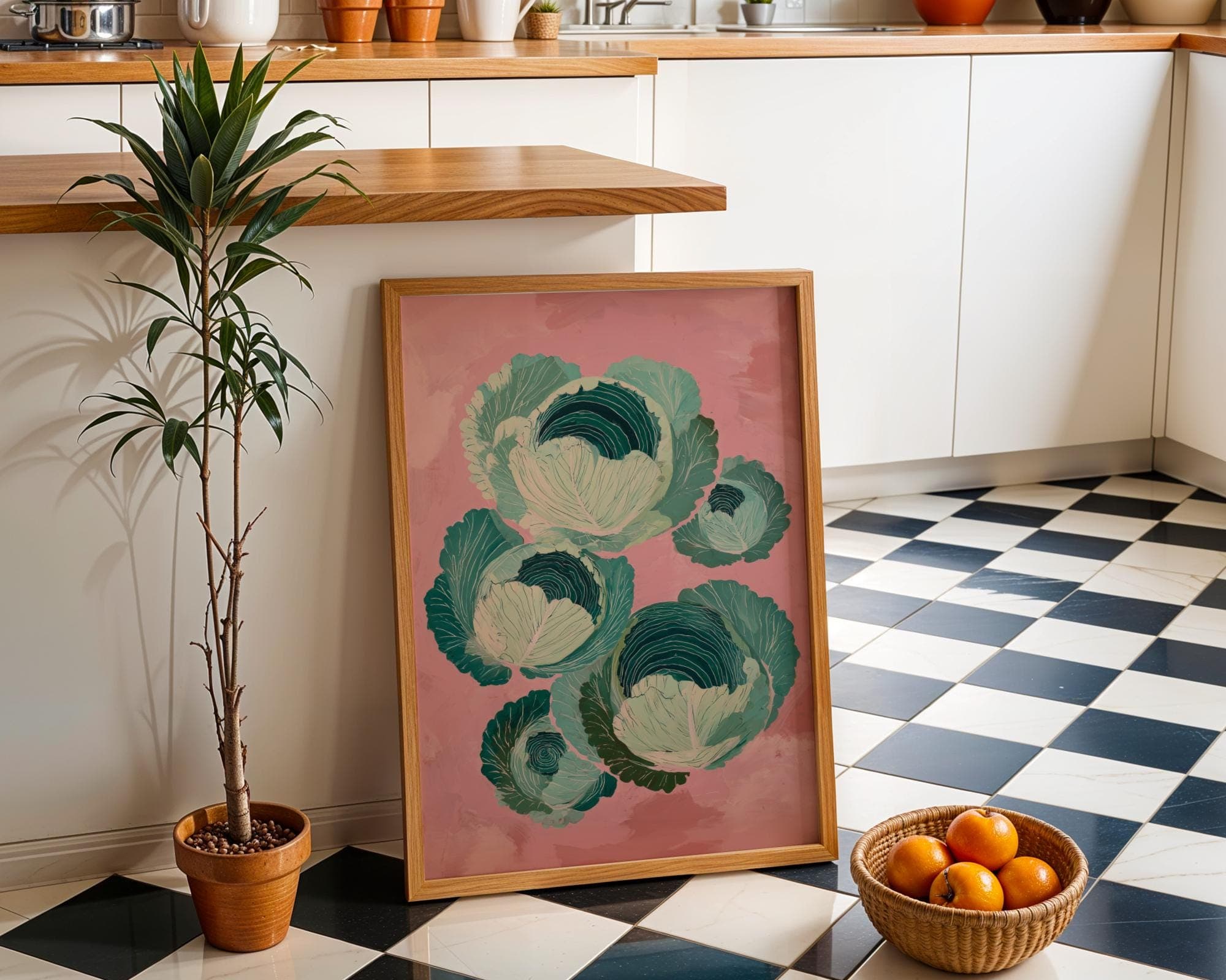 Green Cabbage Wall Art, Green Vegetable Print, Rustic Kitchen Decor, Pink Aesthetic Kitchen Decor, Digital Download, Vegetable Print - view 2