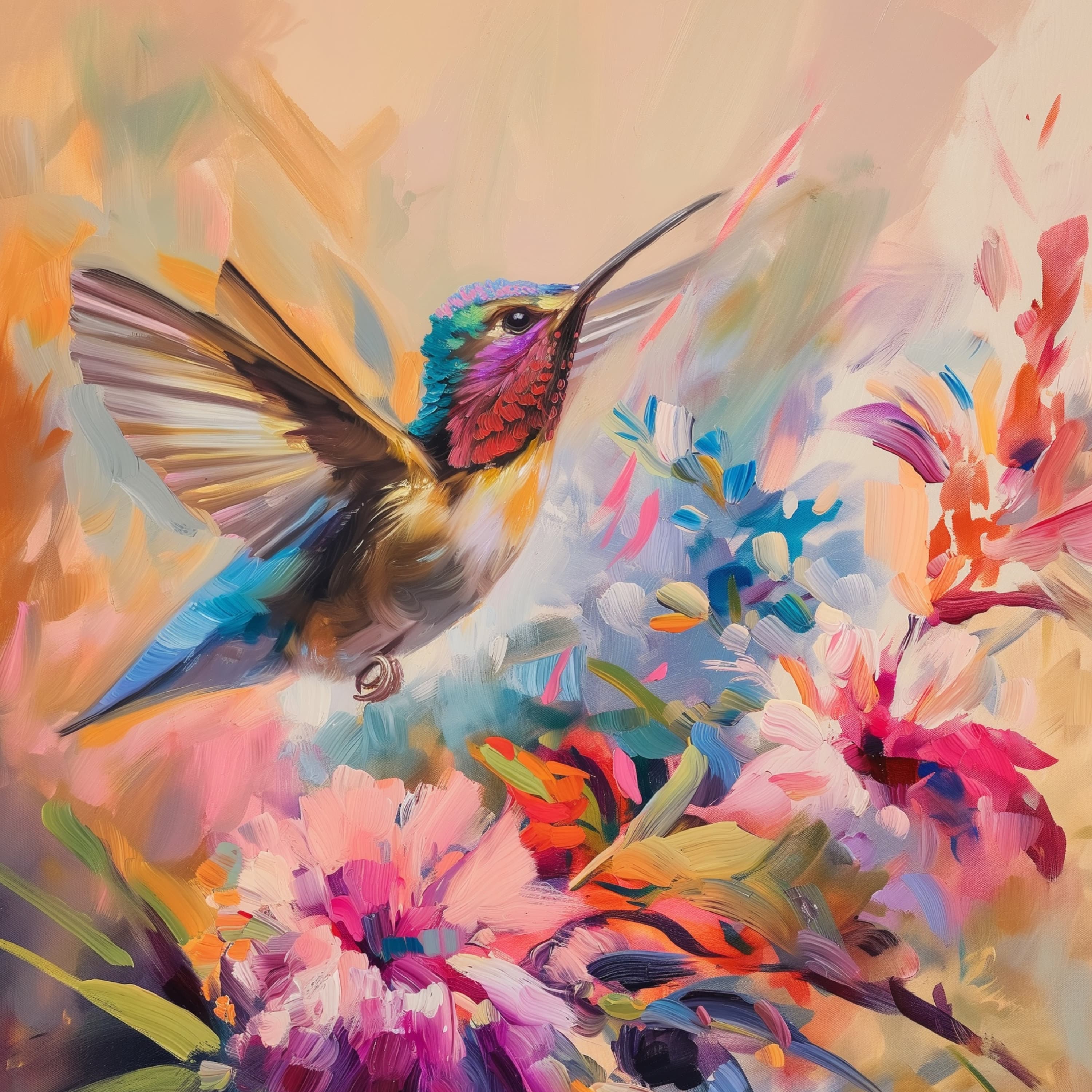 Colorful Hummingbird Poster, Oil Painting, Hummingbird Digital Wall Art, Vibrant Hummingbird and Flowers, Colorful Bird Art, Bird Poster - view 2