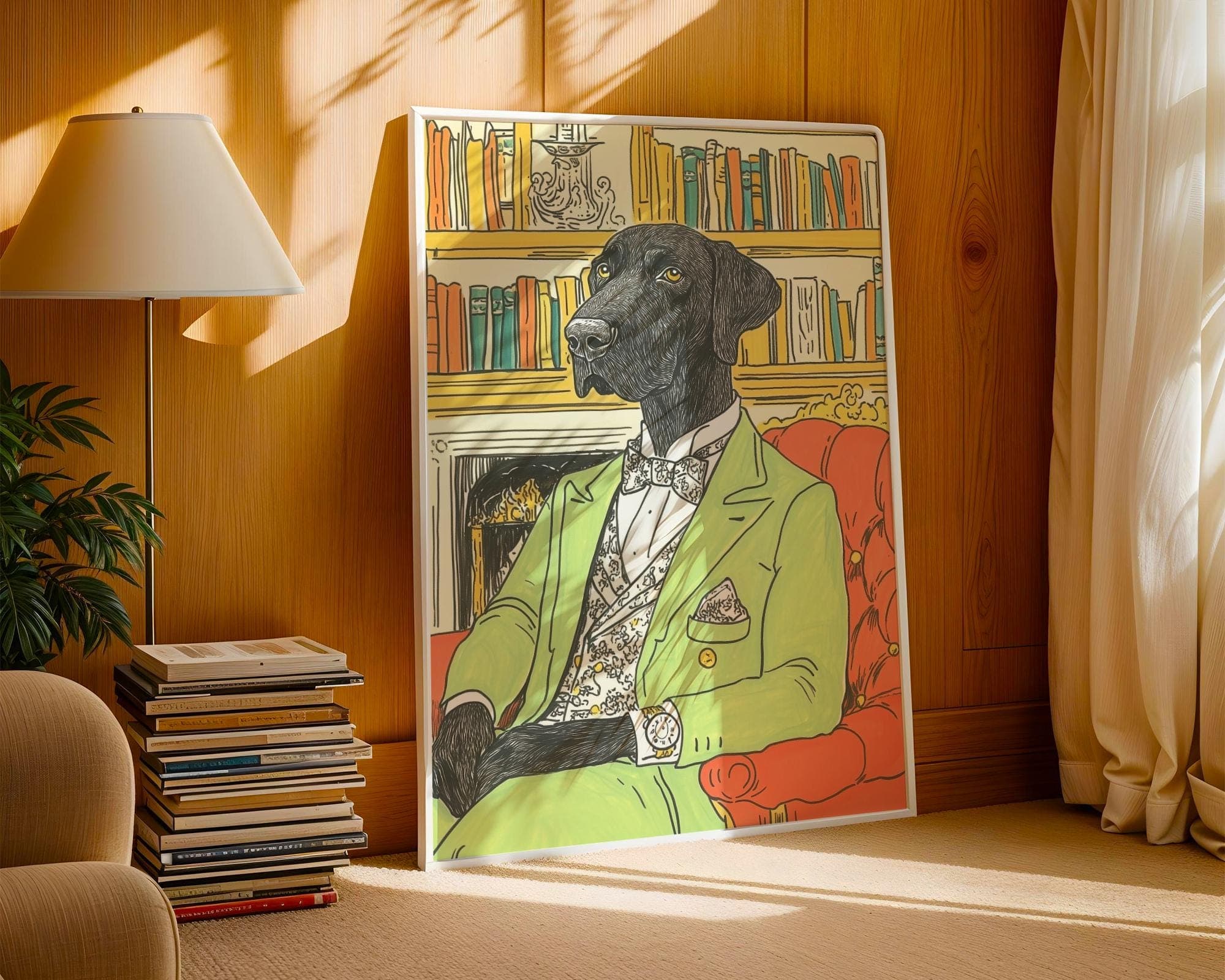 Whimsical Dog Wall Art, Stylish Labrador in Library, Unique Home Decor, Gentleman Dog Print, Maximalist Animal Decor, Preppy Dog Print - view 2