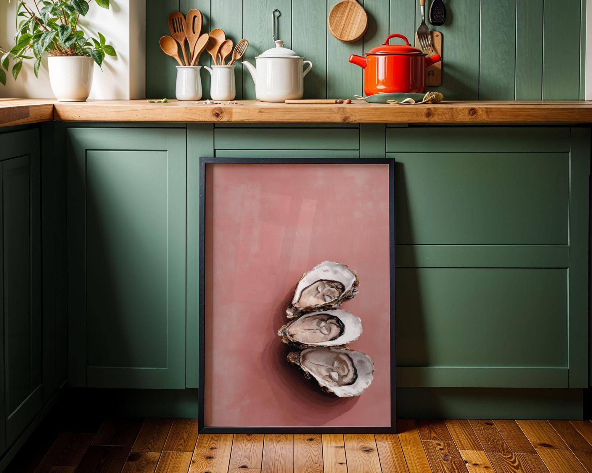 Oyster Wall Art Print, Pink Coastal Kitchen Decor, Pink Oyster Painting, Seafood Wall Art, Beach House Dining Room Decor, Oyster Still Life - view 2