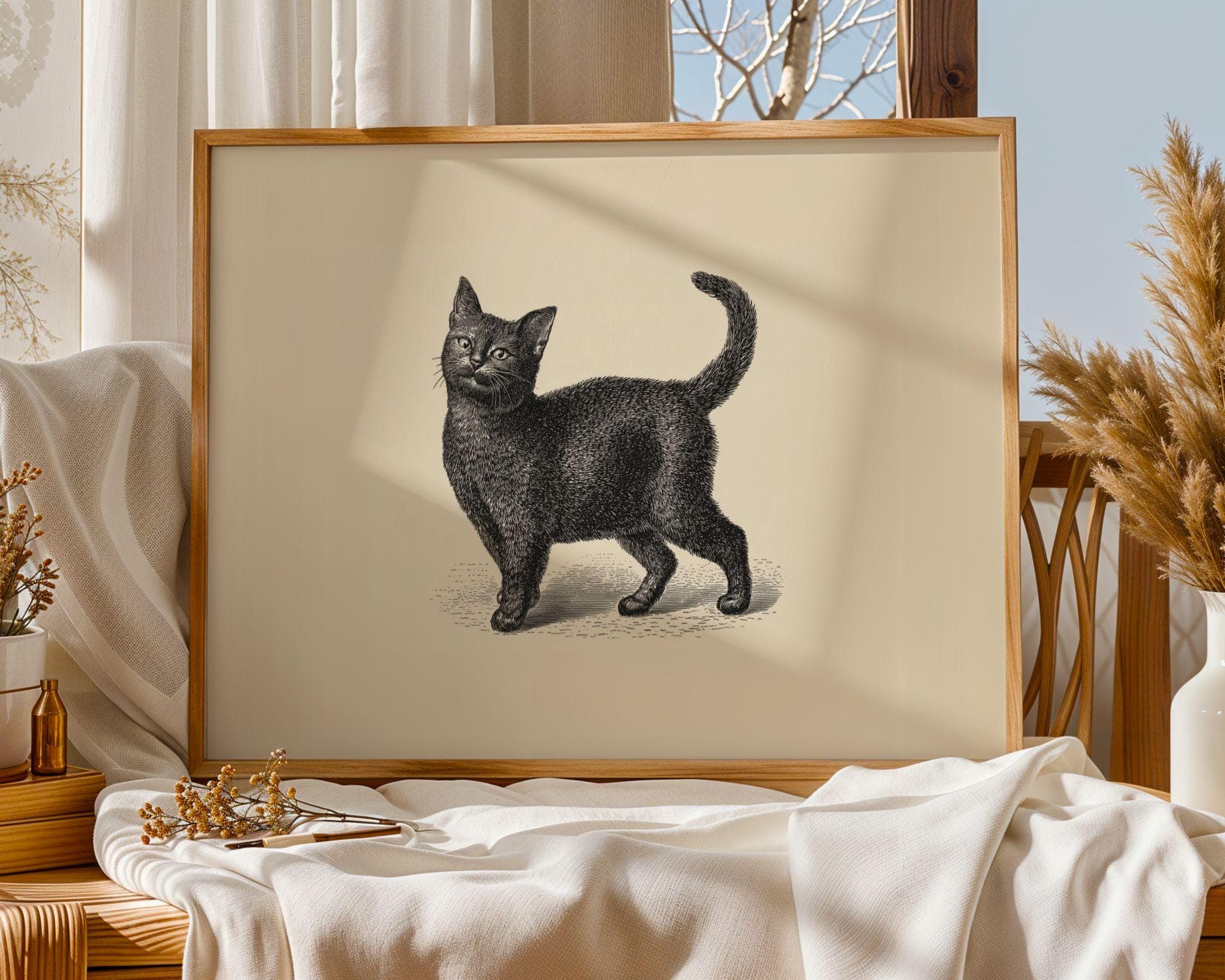 Black Cat Vintage Print, Neutral Home Decor, Beige Poster, Cat Lover Gift, Classic Cat Wall Poster, Classic Animal Art Poster, Digital Art - view 2