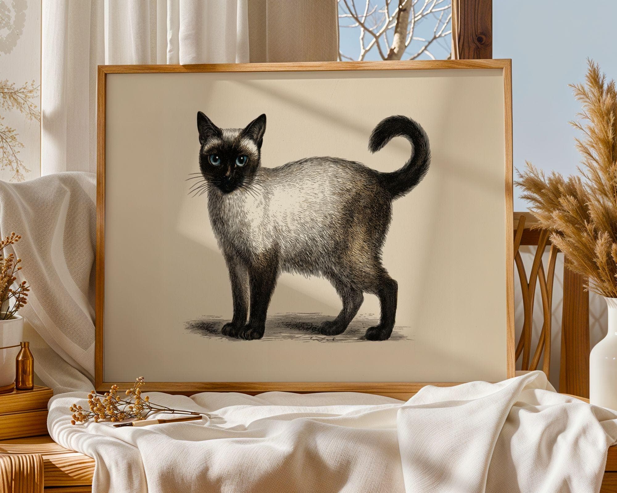 Siamese Cat Print, Vintage Cat Poster, Line Art Siamese Cat, Sepia Beige Wall Print, Minimal Cat Decor, Cat Lover Gift, Digital Animal Art - view 2