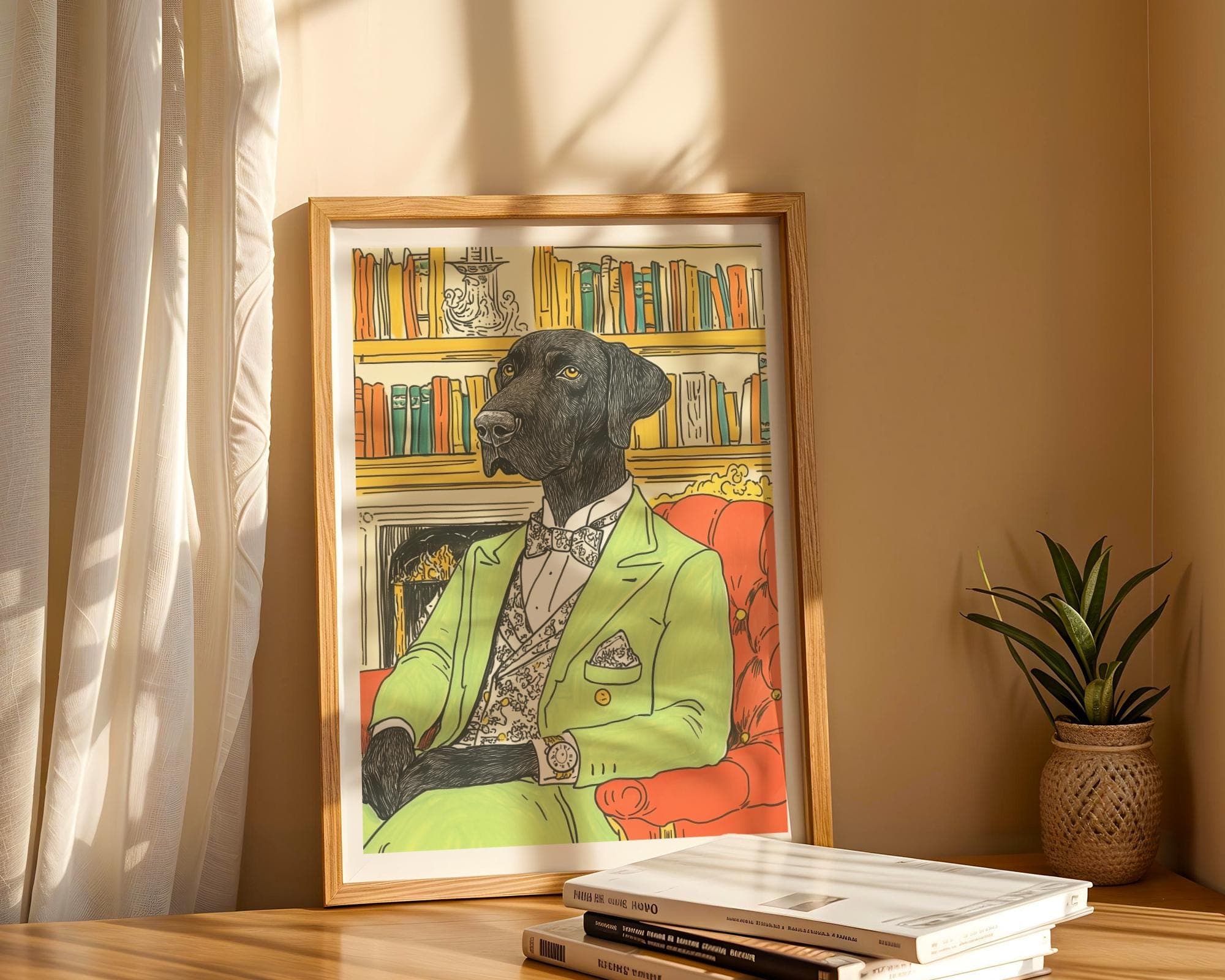 Whimsical Dog Wall Art, Stylish Labrador in Library, Unique Home Decor, Gentleman Dog Print, Maximalist Animal Decor, Preppy Dog Print - view 6