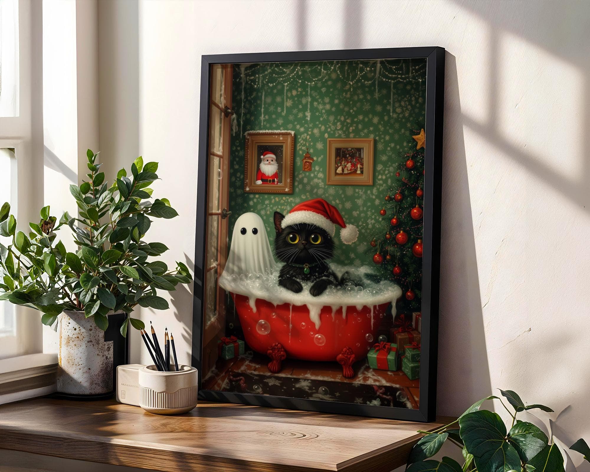Ghost and Cat Christmas Bubblebath Poster, Spooky Cute Ghost Xmas Bath Art, Black Cat Print, Whimsigoth Holiday Decor, UNFRAMED, Cat Poster - view 3