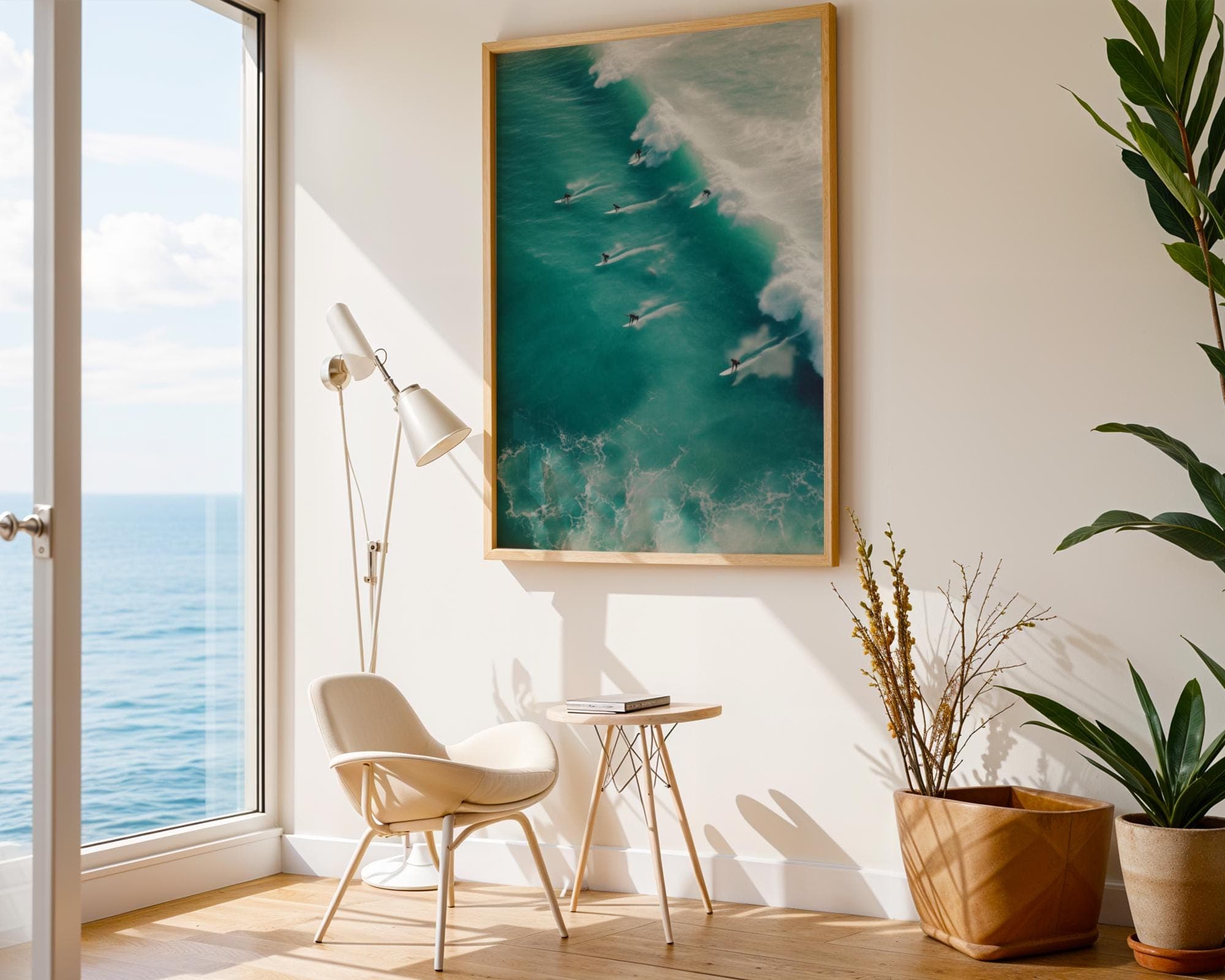 Sage Green Tiny Surfer Wall Art Print, Retro Sun Beach House Decor, Aerial Photo Surfboard, Tiny People Swimming, College Apartment Print - view 5