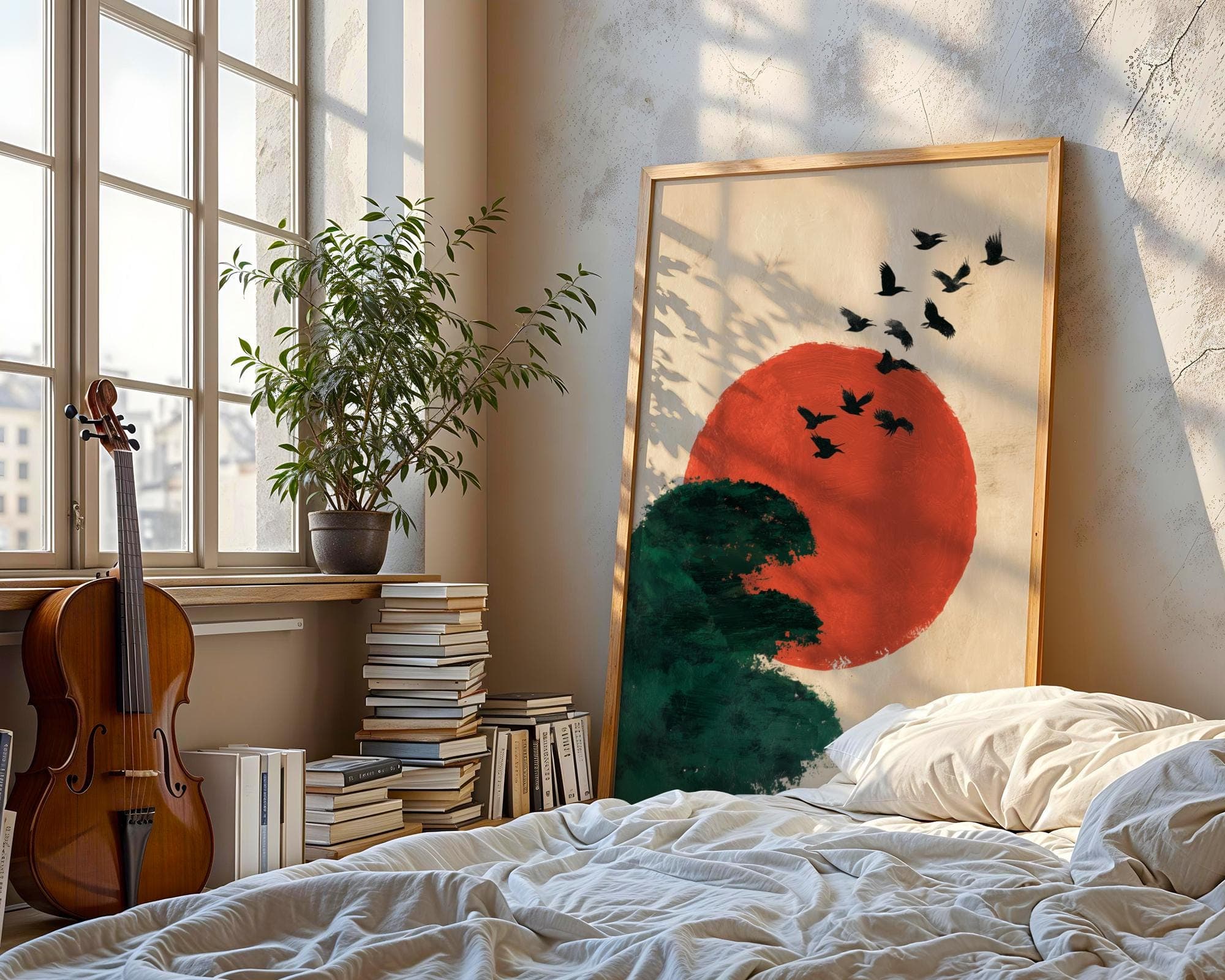 Japanese Minimalist Wall Art – Flying Birds Over Red Sun and Forest, Japanese Minimal Zen Poster, Warm Tone Minimalist Art, Japandi Decor - view 2